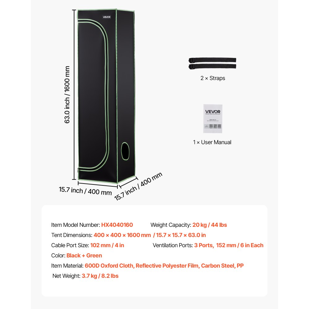 VEVOR Tenda da Coltivazione da Interno 40 x 40 x 160 cm, Tenda da Coltivazione per Piante da Interno, con Finestra, Vassoio da Pavimento, Cerniera, Mylar Riflettente 600D