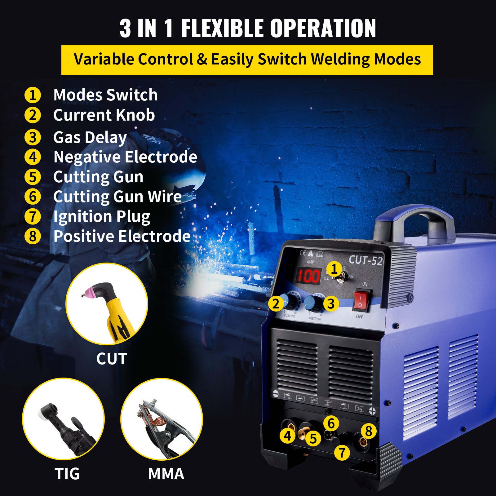 VEVOR Taglierina al Plasma CT-520D, Tig Saldatore, TIG MMA Arco Pilota non Touch 3 in 1, Saldatrice Combinata 200A, Taglierina al Plasma 50A, Taglio al Plasma Doppia Tensione, Colore Azzurro