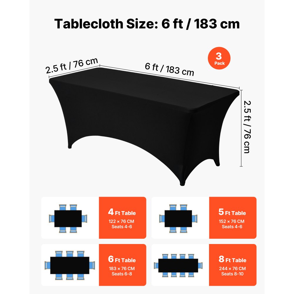 VEVOR Tovaglia Elasticizzata in Spandex Rettangolare, Tovaglia Protettiva Lavabile e Resistente alle Pieghe, per Tavolo da 1829 mm, Copritavolo per Festa, Matrimonio, Banchetto, Nero 3 Pezzi