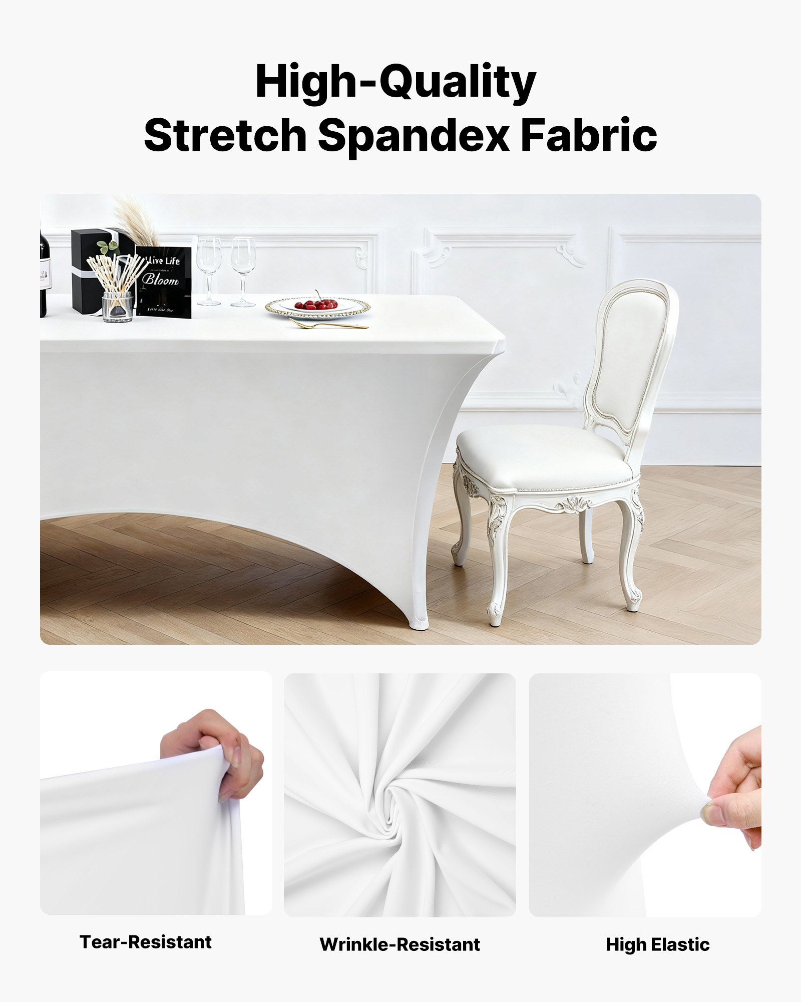 VEVOR Tovaglia Elasticizzata in Spandex Rettangolare, Tovaglia Protettiva Lavabile e Resistente alle Pieghe, per Tavolo da 2440 mm, Copritavolo per Festa, Matrimonio, Banchetto, Bianco 6 Pezzi