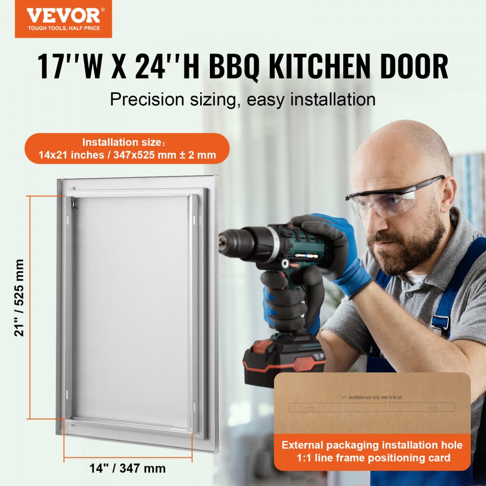 VEVOR Grill Access Door, 432 x 610 mm, Single Outdoor Kitchen Door, Flush Mounted Stainless Steel Door, Vertical Wall Door with Retractable Handle, for Grill Island, Grill Station, Outdoor Cabinet