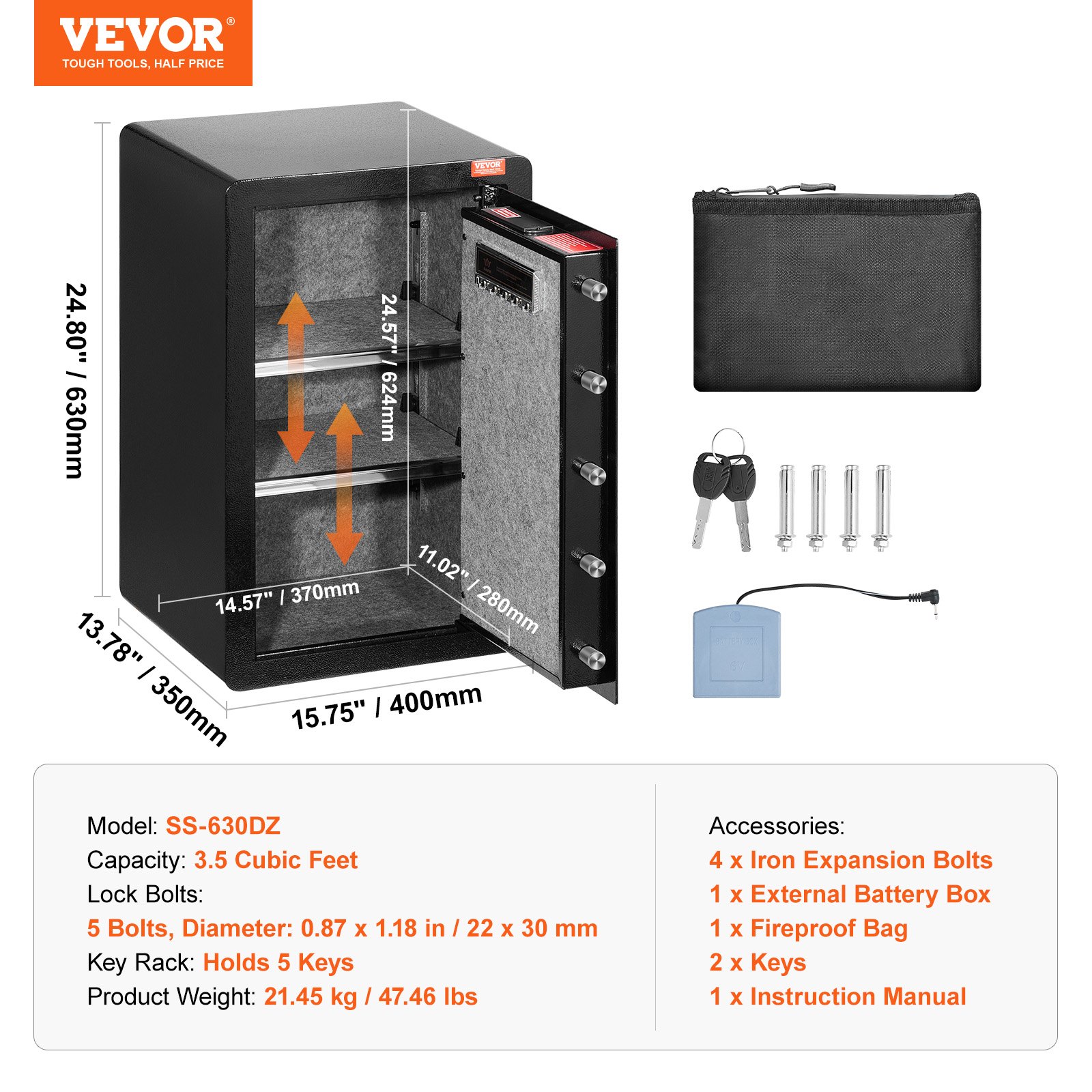 VEVOR Cassaforte a una Porta da 99 L con Serratura a Chiave e Password, Cassaforte con Borsa Ignifuga, Portachiavi, Luce LED, 2 Divisori Regolabili Rimovibili, per Denaro, Documenti e Gioielli, Nero