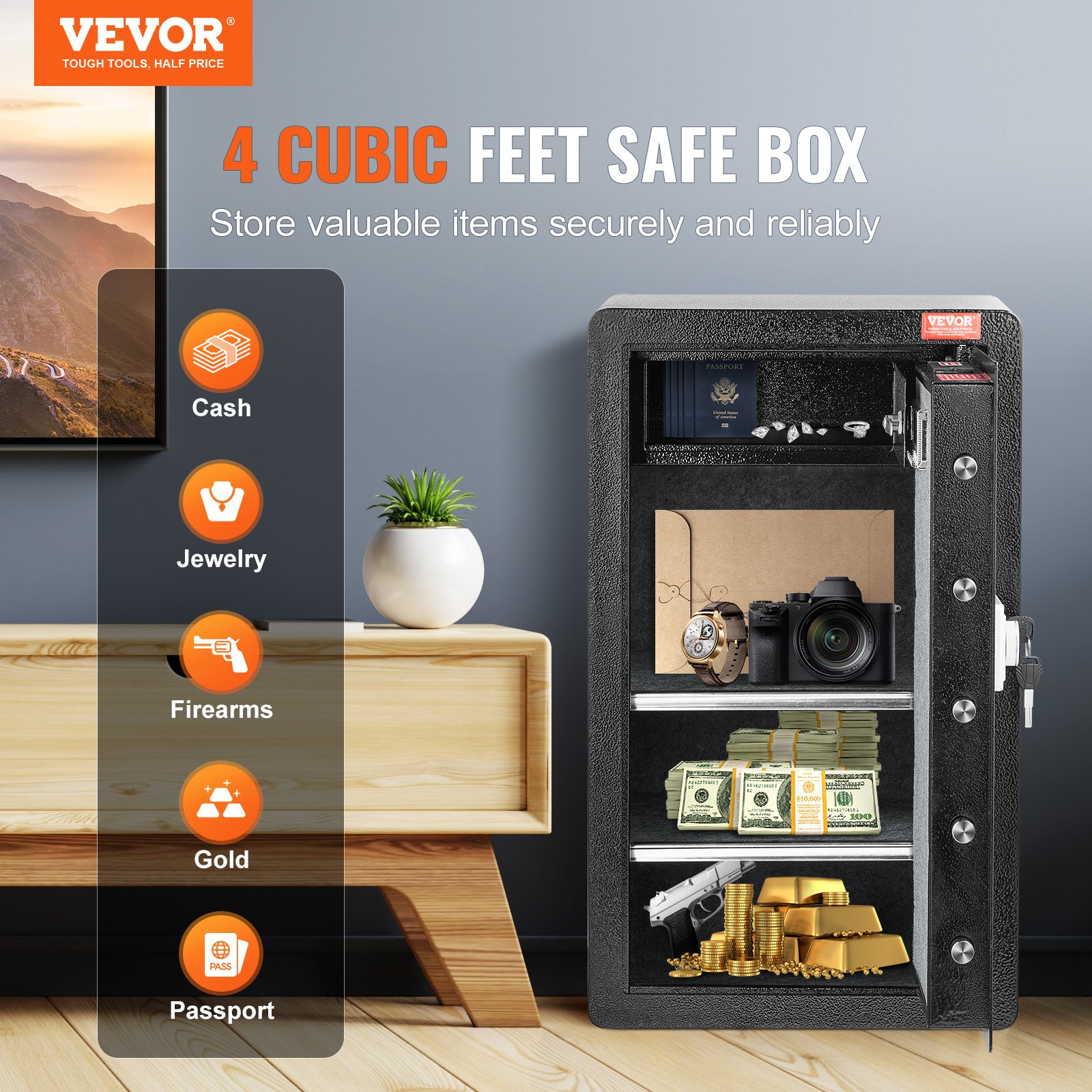 VEVOR Safe with fireproof wallet, single-door safe, 4 cubic feet, 2 dividers, digital furniture safe with key code, valuables box for money and jewelry, black cash safe