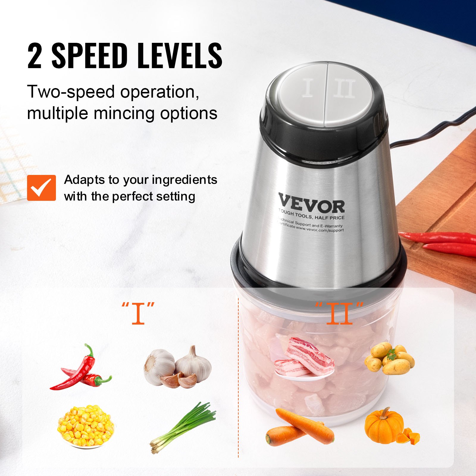 VEVOR Tritacarne Elettrico 400 W Tritatutto Multifunzione da Cucina Capacità di Riempimento 600 mL Frullatore 3000 giri/min + 4000 giri/min, Tagliaverdure con Ciotola in Vetro Mixer Multifunzionale
