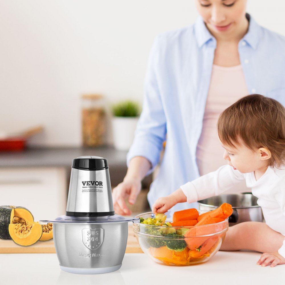 VEVOR Tritacarne Elettrico 400W Multifunzione da Cucina Capacità di Riempimento 2000mL 2 Velocità 3000 giri/min + 4000 giri/min, Tritatutto Elettrico con Ciotola in Acciaio Inox Mixer Multifunzionale