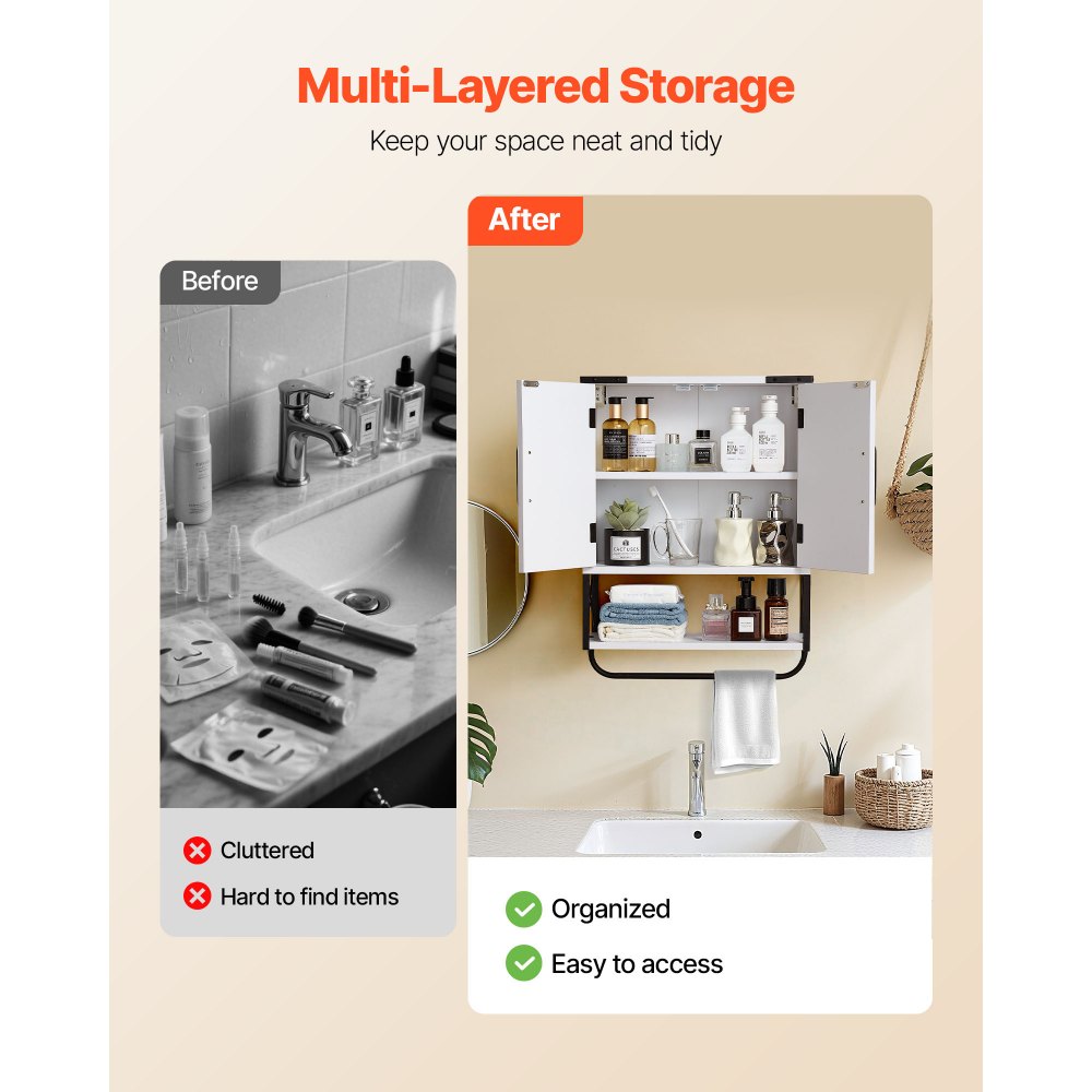 VEVOR Mobiletto da Bagno Pensile, Armadietto Bagno Sospeso da Parete con 2 Ante e Ripiani Regolabili, Mobiletto da Parete con Divisorio Aperto e Portasciugamani per Lavanderia, 660 x 495 x 180 mm