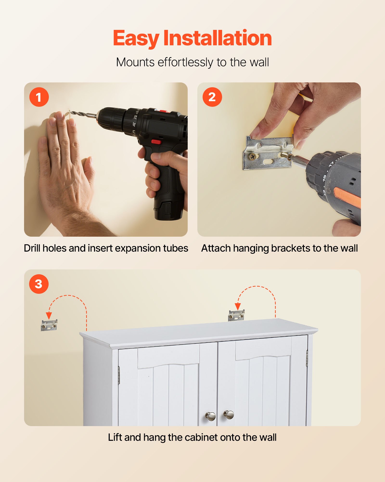 VEVOR Mobiletto da Bagno Pensile, Armadietto Bagno Sospeso da Parete con 2 Ante e Ripiani Regolabili, 3 Livelli, Mobiletto da Parete con Divisorio Aperto e Portasciugamani per Lavanderia