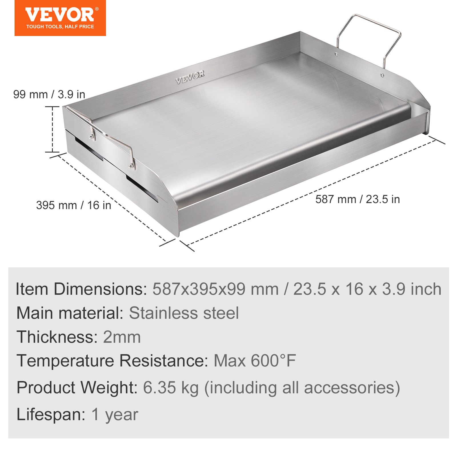 VEVOR Piastra Griglia, Piastra in Ghisa 587x395x99mm, Piastra Rettangolare Bifacciale Spessore 3,3mm, Piastra Antiaderente per Griglia Cottura, Piastra per Barbecue, Griglia a Gas, Argento