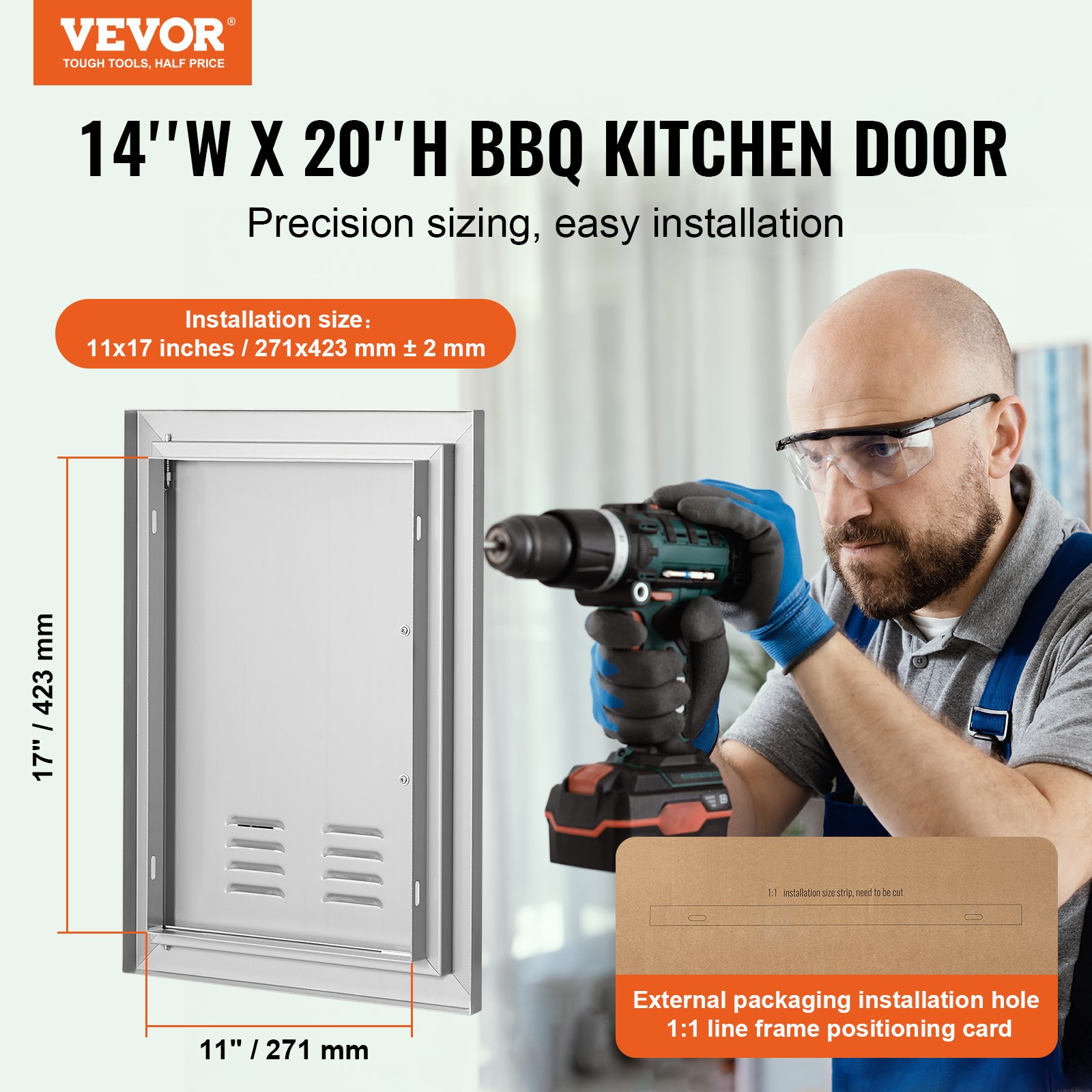 VEVOR Grill Access Door, 356 x 508 mm, Single Outdoor Kitchen Door, Flush Mounted Stainless Steel Door, Vertical Wall Door with Handle and Ventilation Slots, for Grill Island, Grill Station, Outdoor Cabinet