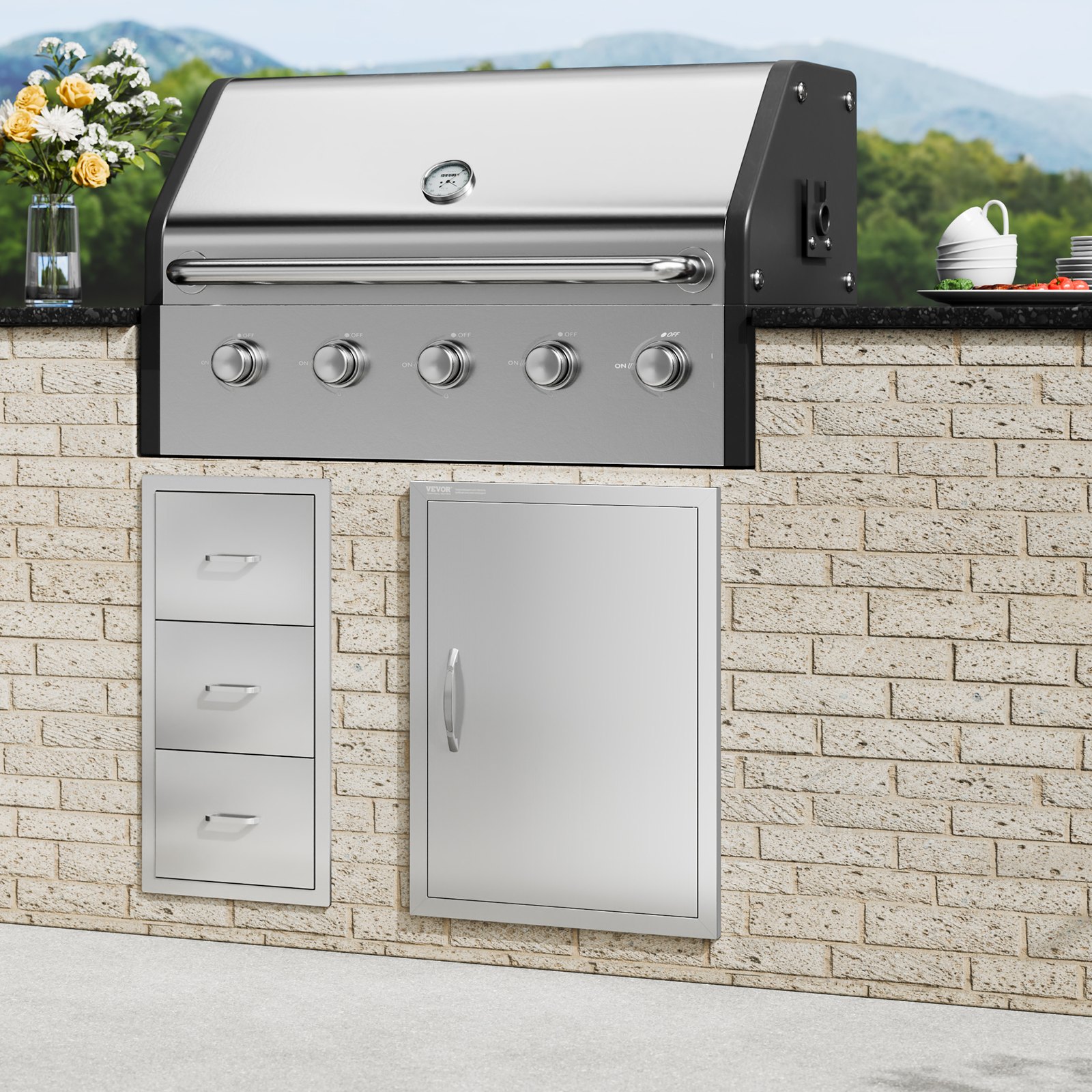 VEVOR Porta Accesso Barbecue, Porta Cucina Esterna Singola 508x686x46 mm, Porta Reversibile da Incasso in Acciaio Inox, con Maniglia, per Isola Barbecue, Armadio Esterno, Giardino