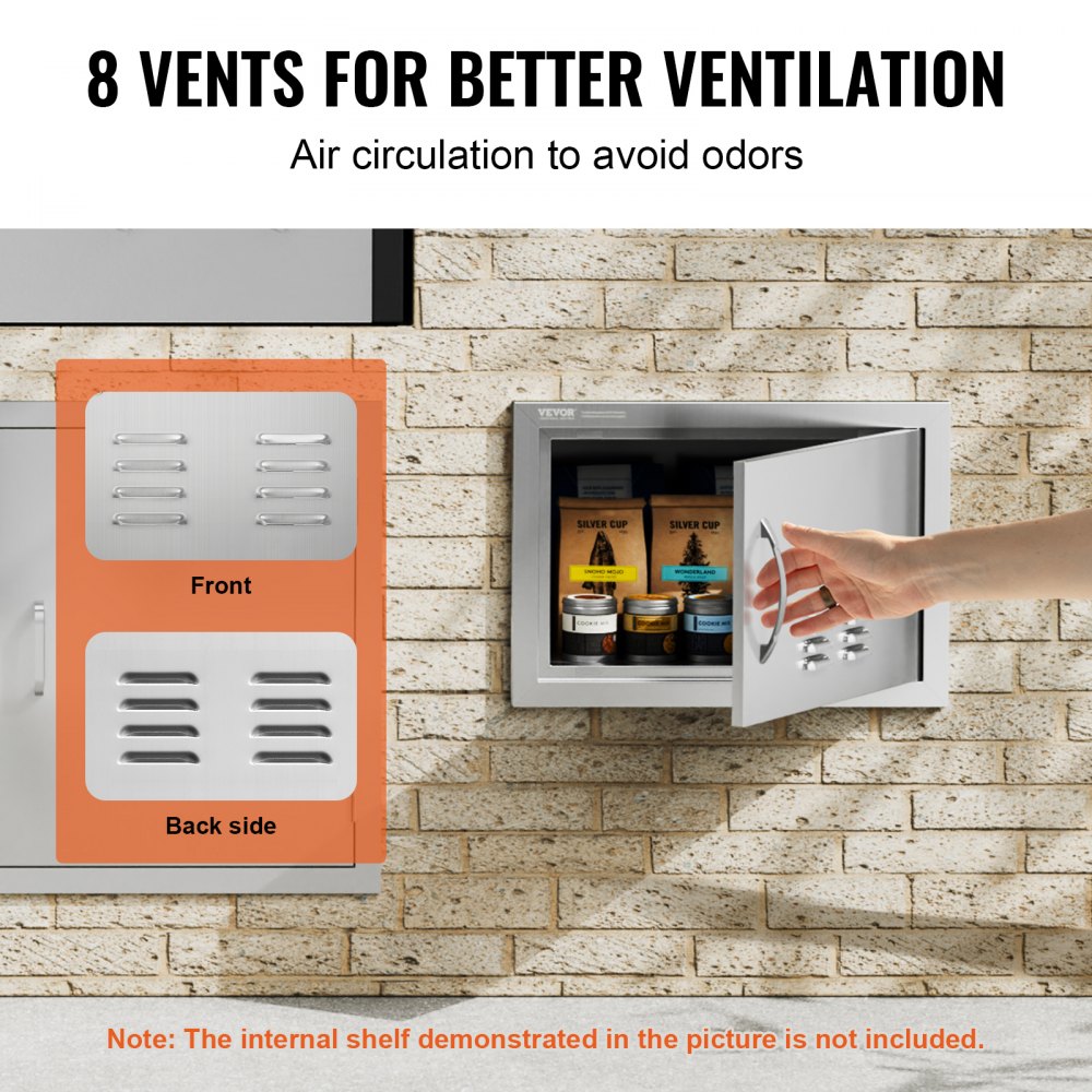 VEVOR Grill Access Door, 508 x 356 mm, Single Outdoor Kitchen Door, Flush Mounted Stainless Steel Door, Vertical Wall Door with Handle and Ventilation Slots, for Grill Island, Grill Station, Outdoor Cabinet