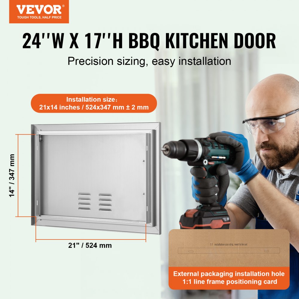 VEVOR Grill Access Door, 610 x 432 mm, Single Outdoor Kitchen Door, Flush Mounted Stainless Steel Door, Vertical Wall Door with Handle and Ventilation Slots, for Grill Island, Grill Station, Outdoor Cabinet