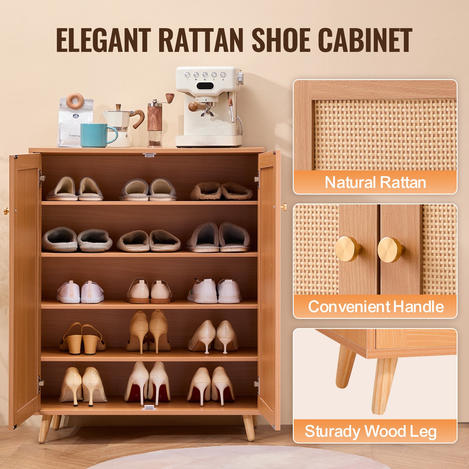 VEVOR Scarpiera in Rattan a 5 Ripiani, Organizzatore per Scarpe Stretto, 2 Ante e Ripiani Regolabili, Mobiletto per Ingresso in Rattan Alto 1025 mm per Ripostiglio, Corridoio, Colore Legno Chiaro