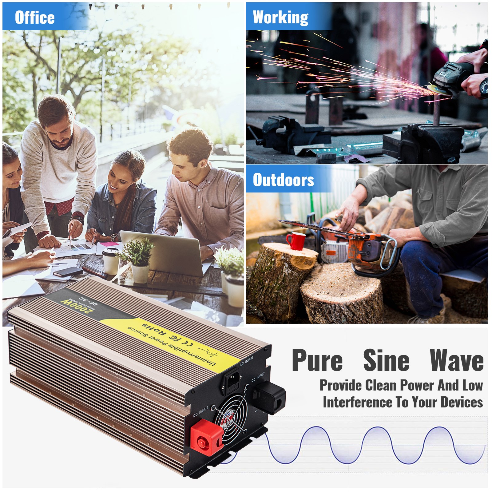 Vevor Invertitore A Onda Sinusoidale Pura 2000w Con 2 Set Di Cavi Per Batteria