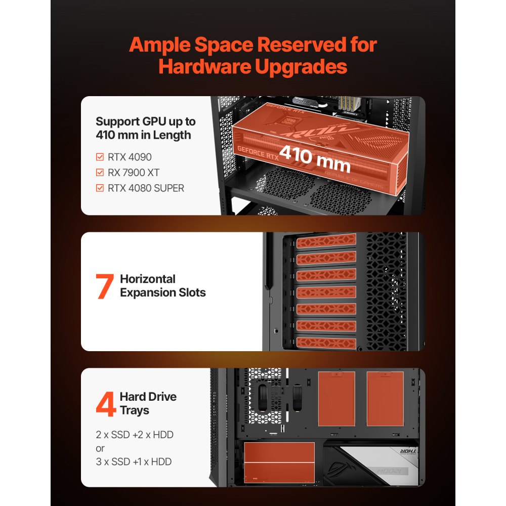 VEVOR Case per PC Compatto, Torre Completa, Case per Computer da Gioco con Pannelli ad Alto Flusso d'Aria, 3 Ventole PWM 140 mm per GPU Fino a 410 mm di Lunghezza, Compatibile con E-ATX//M-ATX/ITX