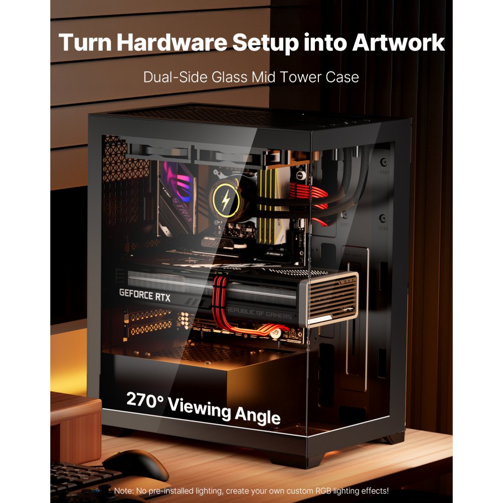 VEVOR Case per PC Compatto, 2 Ventole da 120 mm Case per Computer da Gioco con Pannelli in Vetro Temperato ad Alto Flusso d'Aria, per GPU Fino a 360 mm di Lunghezza, Compatibile con ATX/M-ATX/ITX