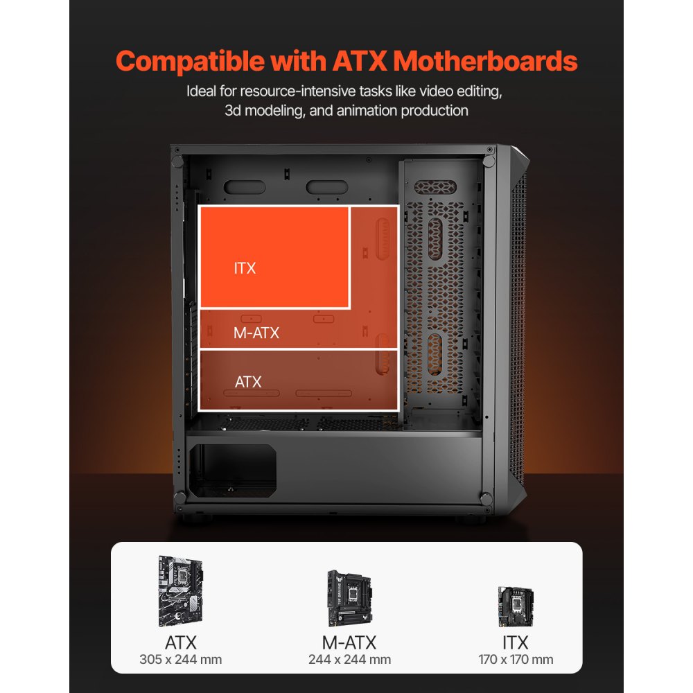 VEVOR Case per PC Compatto, 4 Ventole da 120 mm Case per Computer da Gioco con Pannello in Vetro Temperato ad Alto Flusso d'Aria, Gestione Cavi, per GPU Fino a 270 mm di Lunghezza, per ATX/M-ATX/ITX