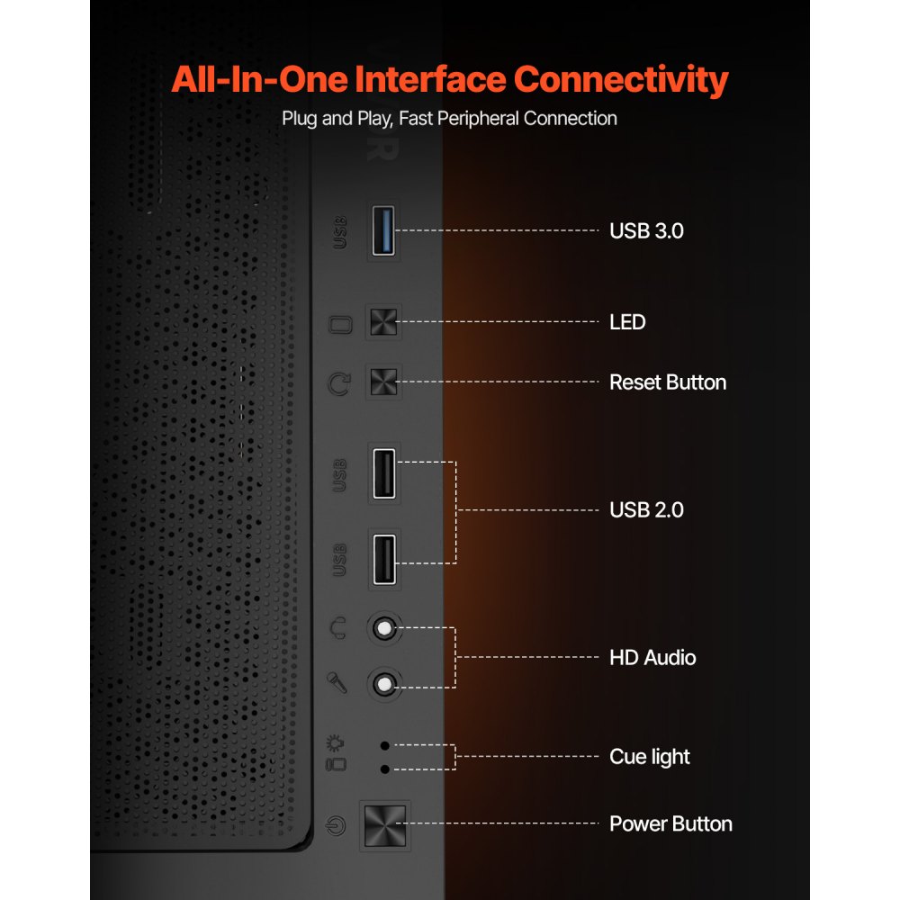 VEVOR Case per PC Compatto, 4 Ventole da 120 mm Case per Computer da Gioco con Pannello in Vetro Temperato ad Alto Flusso d'Aria, Gestione Cavi, per GPU Fino a 270 mm di Lunghezza, per ATX/M-ATX/ITX