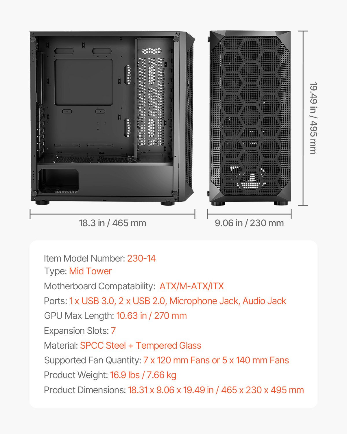VEVOR Case per PC Compatto, 4 Ventole da 120 mm Case per Computer da Gioco con Pannello in Vetro Temperato ad Alto Flusso d'Aria, Gestione Cavi, per GPU Fino a 270 mm di Lunghezza, per ATX/M-ATX/ITX
