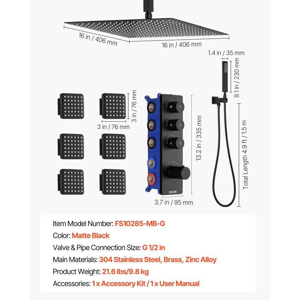 VEVOR Set Doccia con Sistema Doccia a Pioggia, in Acciaio Inox da 406 mm, 6 Getti Laterali, Doccetta, Soffione a Pioggia Girevole, 3 Funzioni, Valvola in Ottone e Kit di Finitura, Nero Opaco