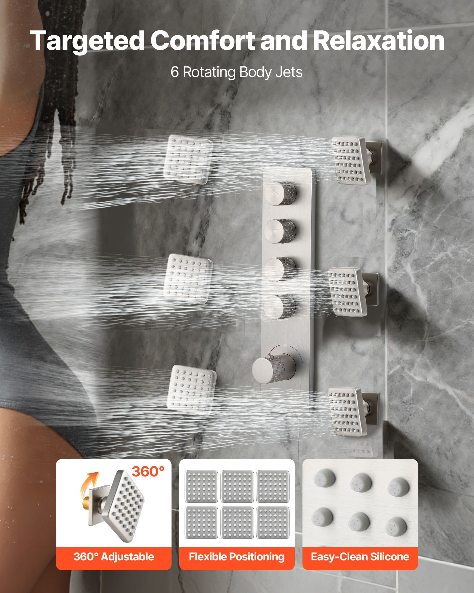 VEVOR Set Doccia con Sistema Doccia a Pioggia da 406 mm, Soffione a Parete, Doccetta Portatile, 6 Getti Laterali, Doppio Soffione a Pioggia, Kit di Finitura Valvola in Ottone, Nichel Spazzolato