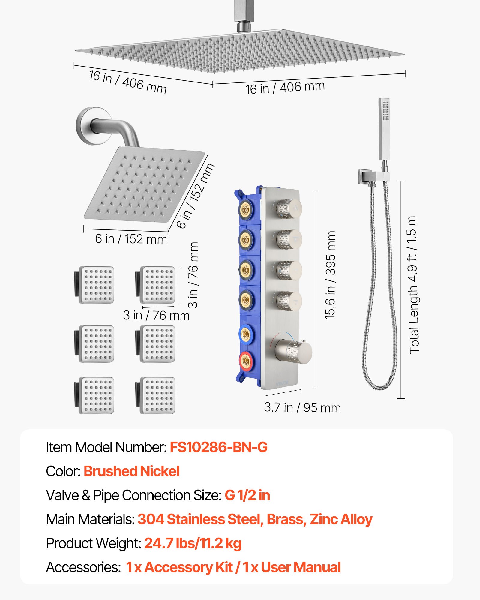 VEVOR Set Doccia con Sistema Doccia a Pioggia da 406 mm, Soffione a Parete, Doccetta Portatile, 6 Getti Laterali, Doppio Soffione a Pioggia, Kit di Finitura Valvola in Ottone, Nichel Spazzolato