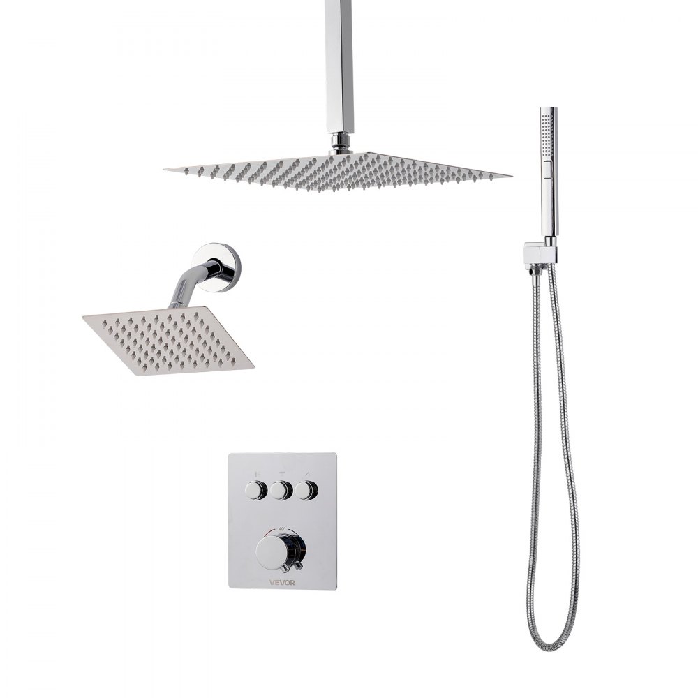 VEVOR Shower Faucet Set, 305 mm Thermostatic Ceiling Mount Rainfall Shower System with 152 mm Wall Mount Head and 2 in 1 Handheld Spray, 3-Function Dual Rain Head Brass Valve and Trim Kit, Chrome