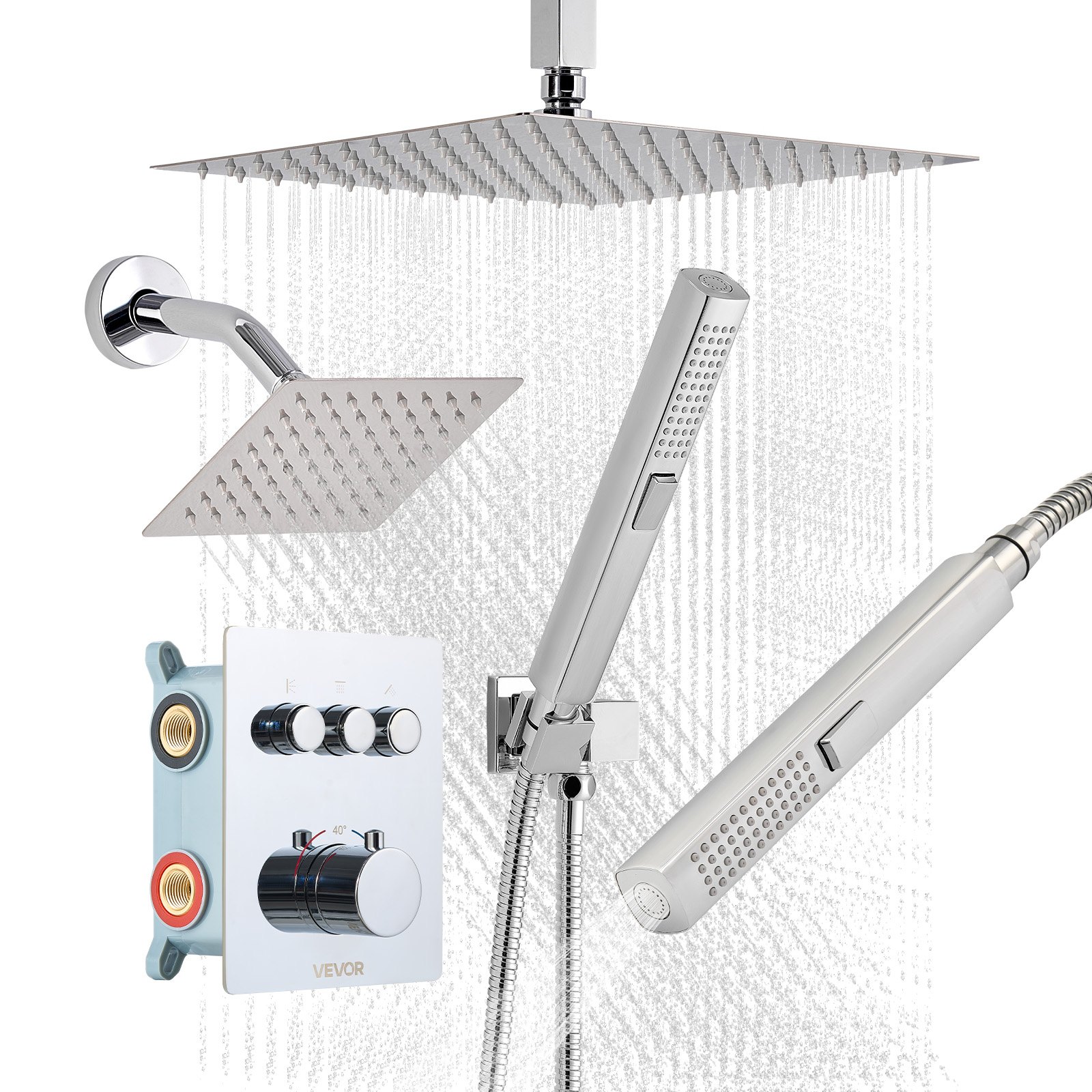 VEVOR Shower Faucet Set, 305 mm Thermostatic Ceiling Mount Rainfall Shower System with 152 mm Wall Mount Head and 2 in 1 Handheld Spray, 3-Function Dual Rain Head Brass Valve and Trim Kit, Chrome
