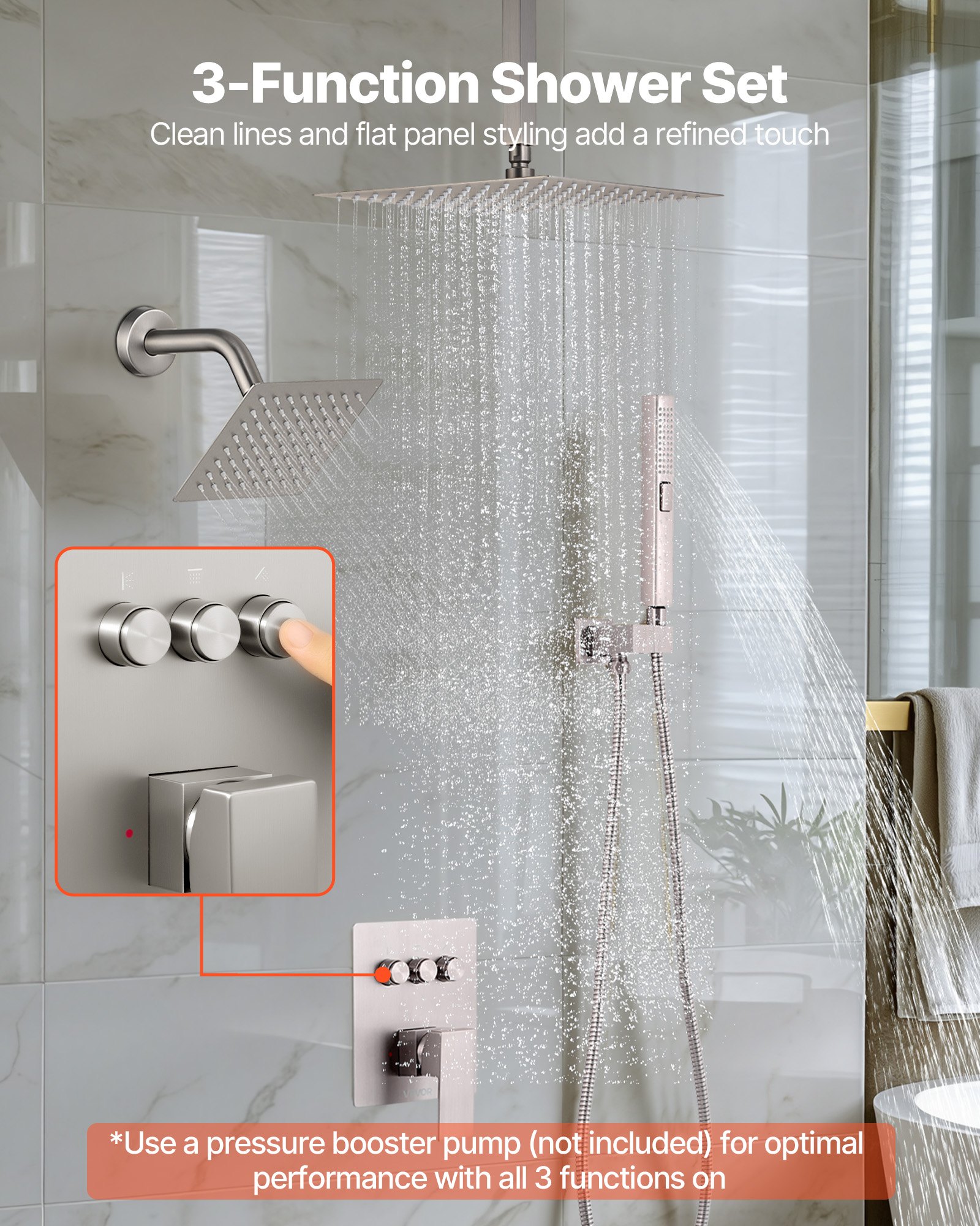 VEVOR Shower Faucet Set, 254 mm Ceiling Mount Rainfall Shower System with 152 mm Wall Mount Head and 2 in 1 Handheld Spray, Rotatable 3-Function Dual Rain Head Brass Valve & Trim Kit, Brushed Nickel