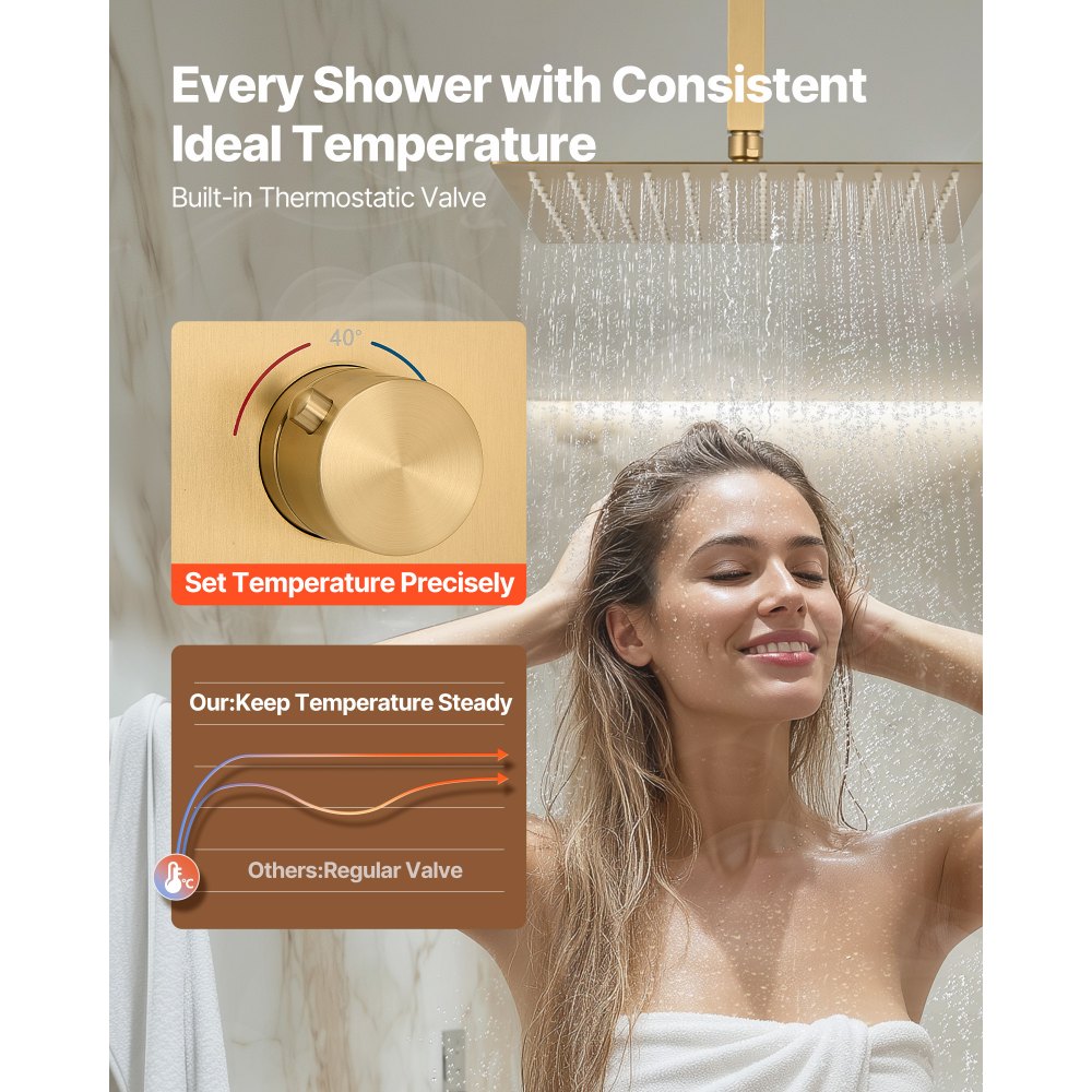 VEVOR Shower Faucet Set, 305 mm Thermostatic Ceiling Mount Rainfall Shower System with 152 mm Wall Mount Head and 2 in 1 Handheld Spray, 3-Function Dual Rain Head Brass Valve Trim Kit, Brushed Gold