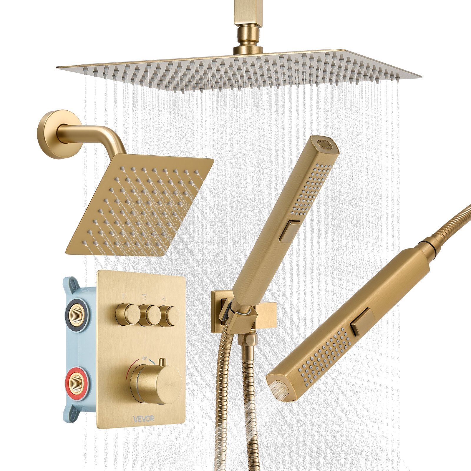 VEVOR Set Doccia con Sistema Doccia a Pioggia da 304 mm, Soffione a Parete da 152 mm, Doccetta, Soffione a Pioggia Doppio Girevole, 3 Funzioni, Valvola in Ottone, Termostatico Oro Spazzolato