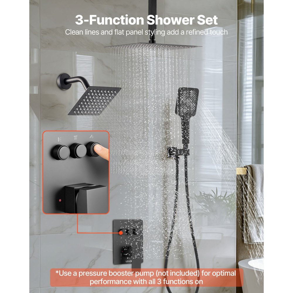 VEVOR Set Doccia con Sistema Doccia a Pioggia da 304 mm, Soffione a Parete, Doccetta, Soffione a Pioggia Doppio Girevole, 3 Funzioni, Kit di Finitura e Valvola in Ottone, Nero Opaco