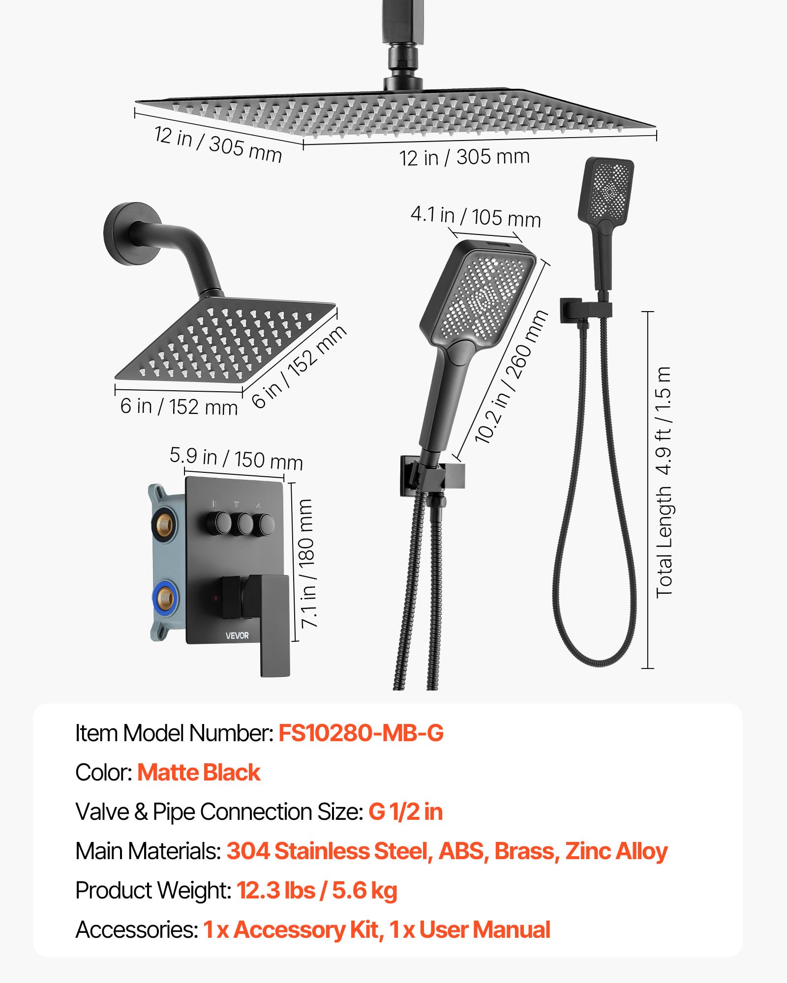 VEVOR Set Doccia con Sistema Doccia a Pioggia da 304 mm, Soffione a Parete, Doccetta, Soffione a Pioggia Doppio Girevole, 3 Funzioni, Kit di Finitura e Valvola in Ottone, Nero Opaco