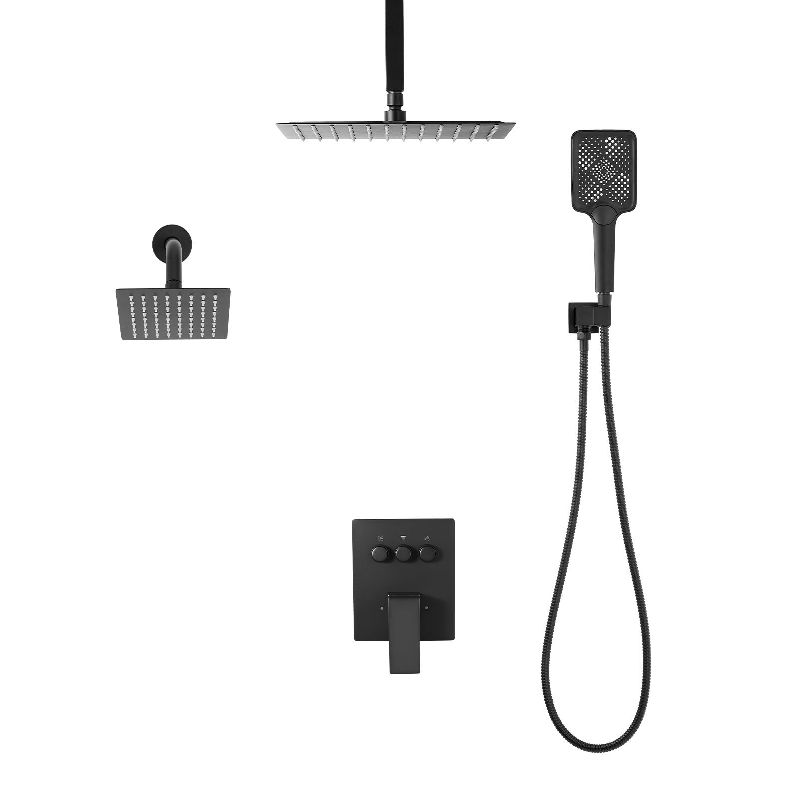 VEVOR Set Doccia con Sistema Doccia a Pioggia da 304 mm, Soffione a Parete, Doccetta, Soffione a Pioggia Doppio Girevole, 3 Funzioni, Kit di Finitura e Valvola in Ottone, Nero Opaco