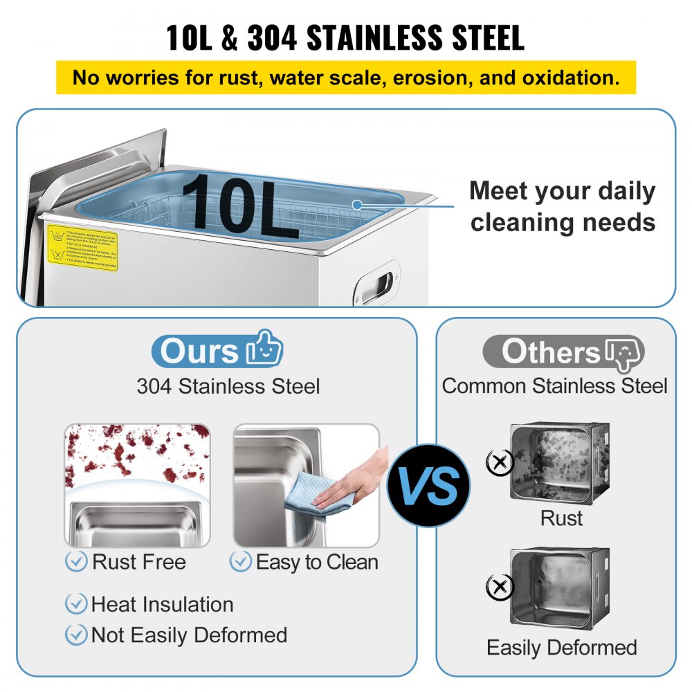 VEVOR Vasca Ultrasuoni Pulitore ad Ultrasuoni da 10 L Lavatrice ad Ultrasuoni con Coperchio e Cestino Adatta per Gioielli Occhiali Orologi