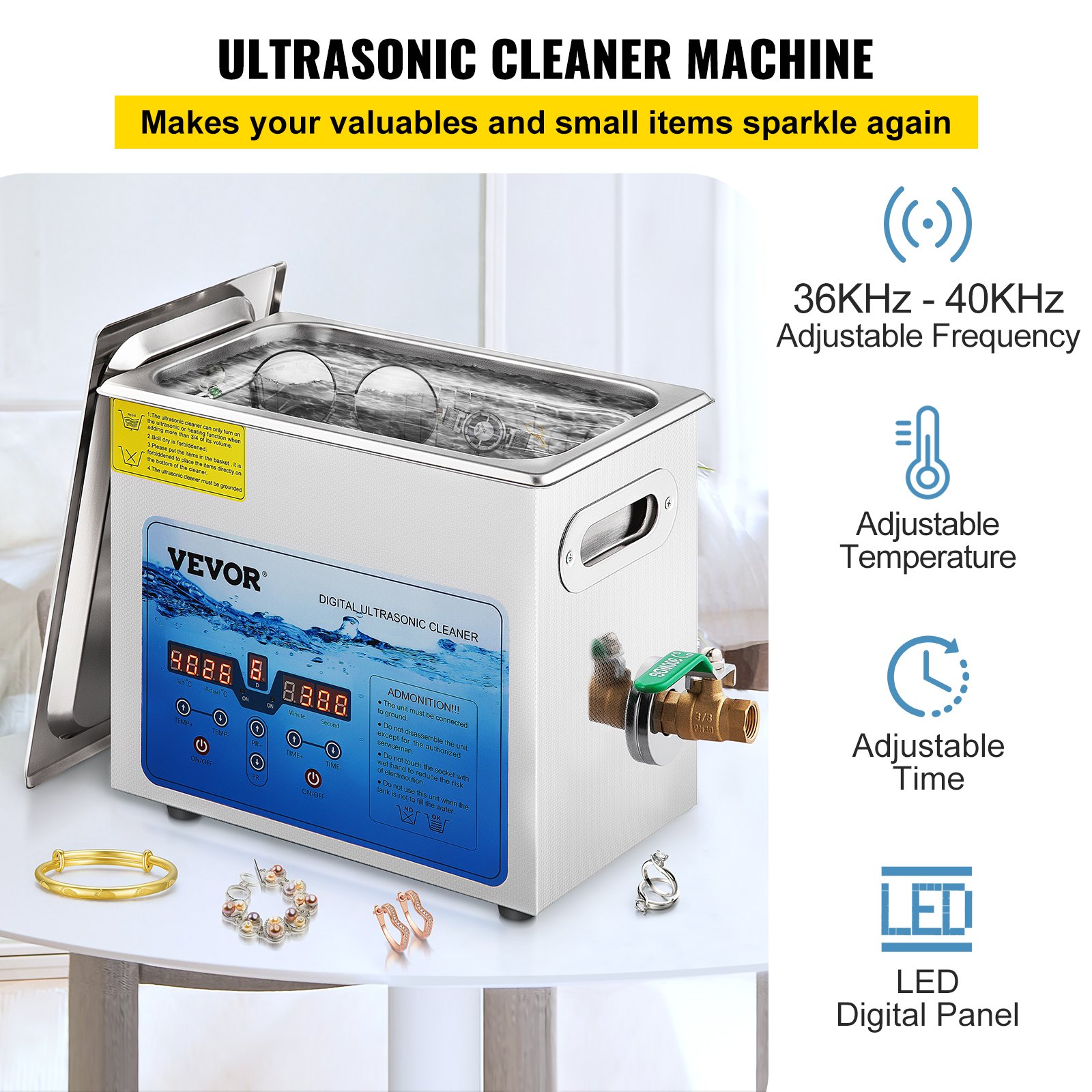 VEVOR Ultrasonic Cleaning Device, 6L Ultrasonic Cleaner for Glasses, Watches, Jewelry, Earrings, Rings, Necklaces, Razors, Dentures, Tools, Jewelry Cleaning Ultrasonic 36-40 kHz