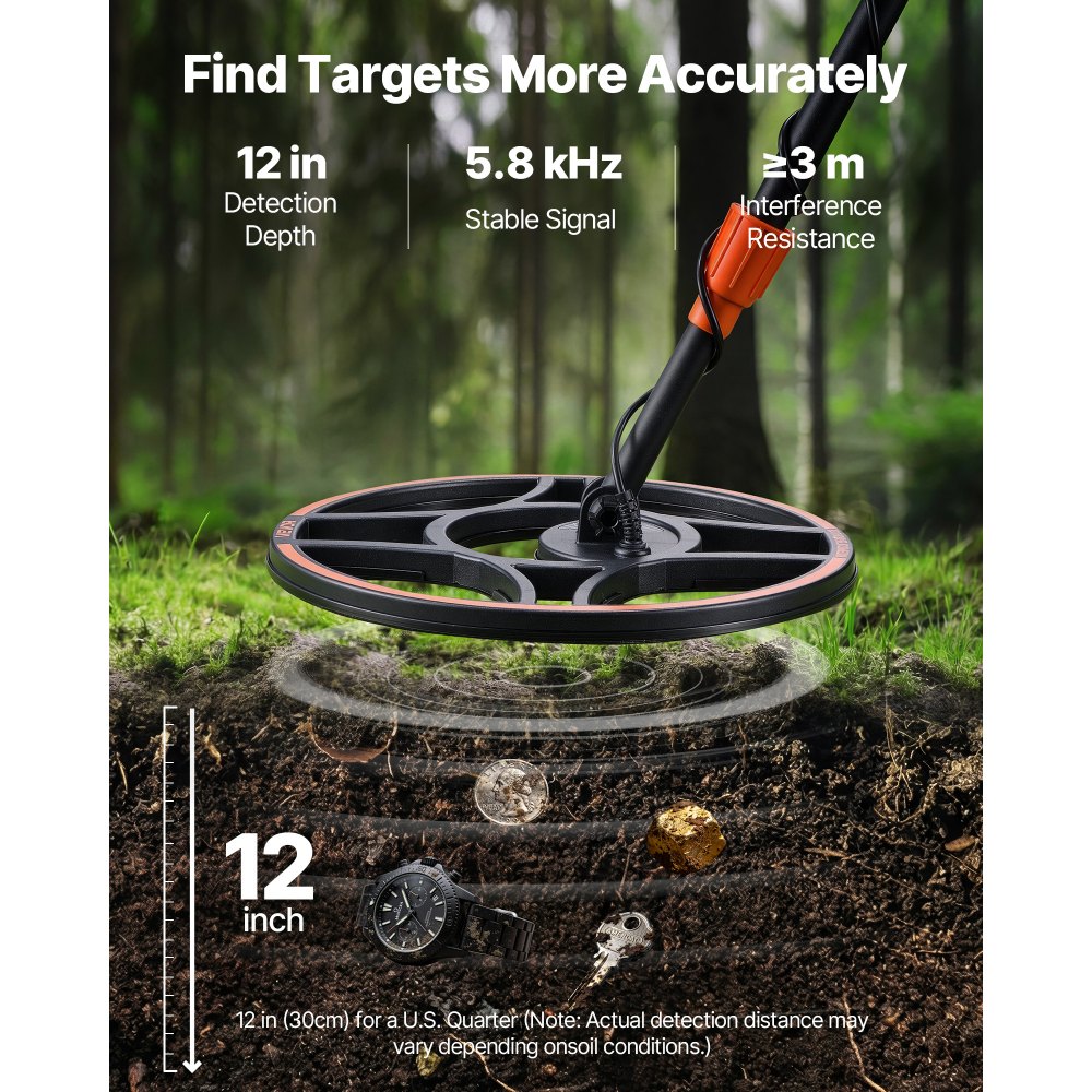 VEVOR Metal Detector per Metalli con Display LCD, Bobina di Ricerca Impermeabile IP68 Profondità di Rilevamento 304,8 mm Frequenza Operativa 5,8 kHz, Kit Rilevatore d'Oro Metalli Bosco Spiaggia