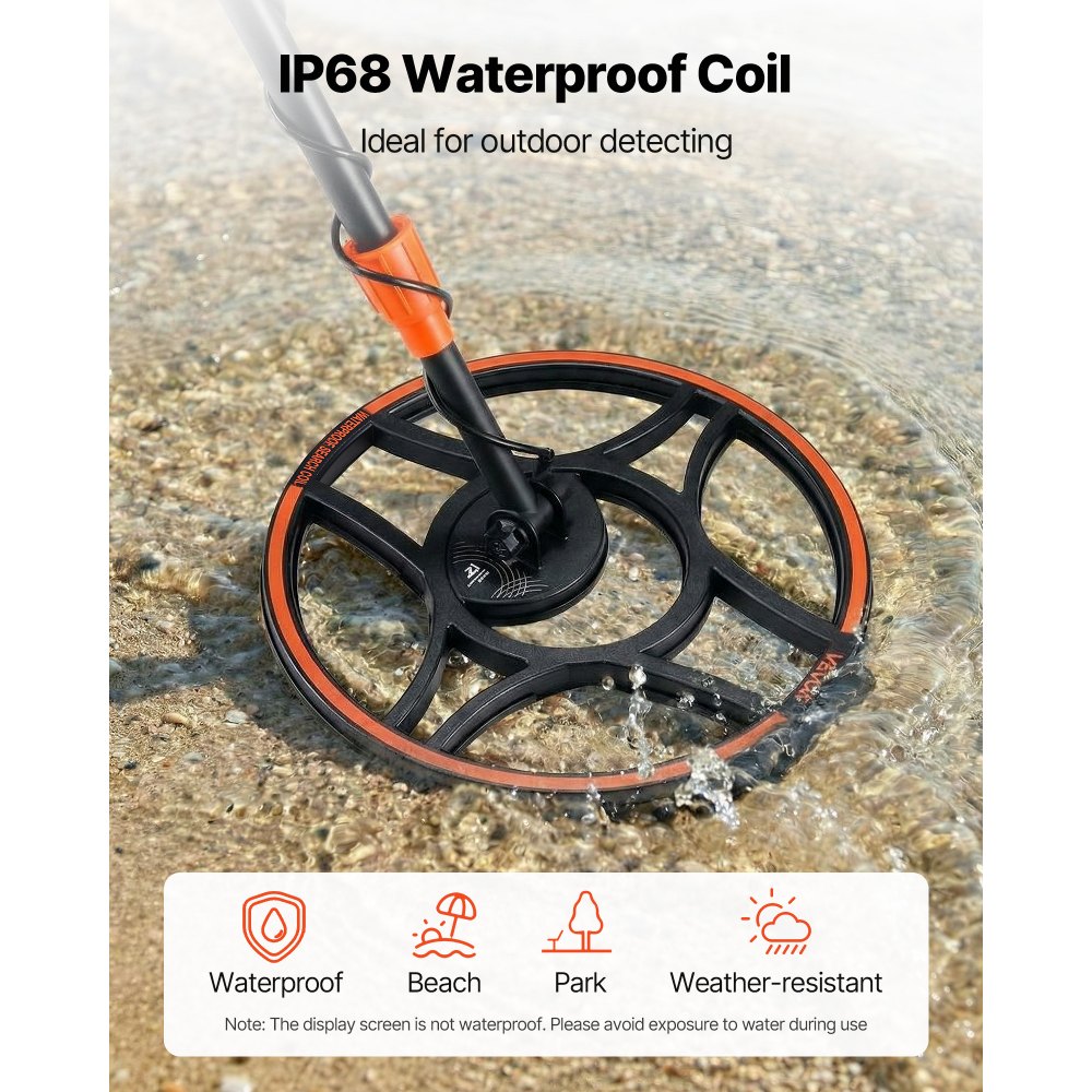 VEVOR Metal Detector per Metalli con Display LCD, Bobina di Ricerca Impermeabile IP68 Profondità di Rilevamento 304,8 mm Frequenza Operativa 5,8 kHz, Kit Rilevatore d'Oro Metalli Bosco Spiaggia
