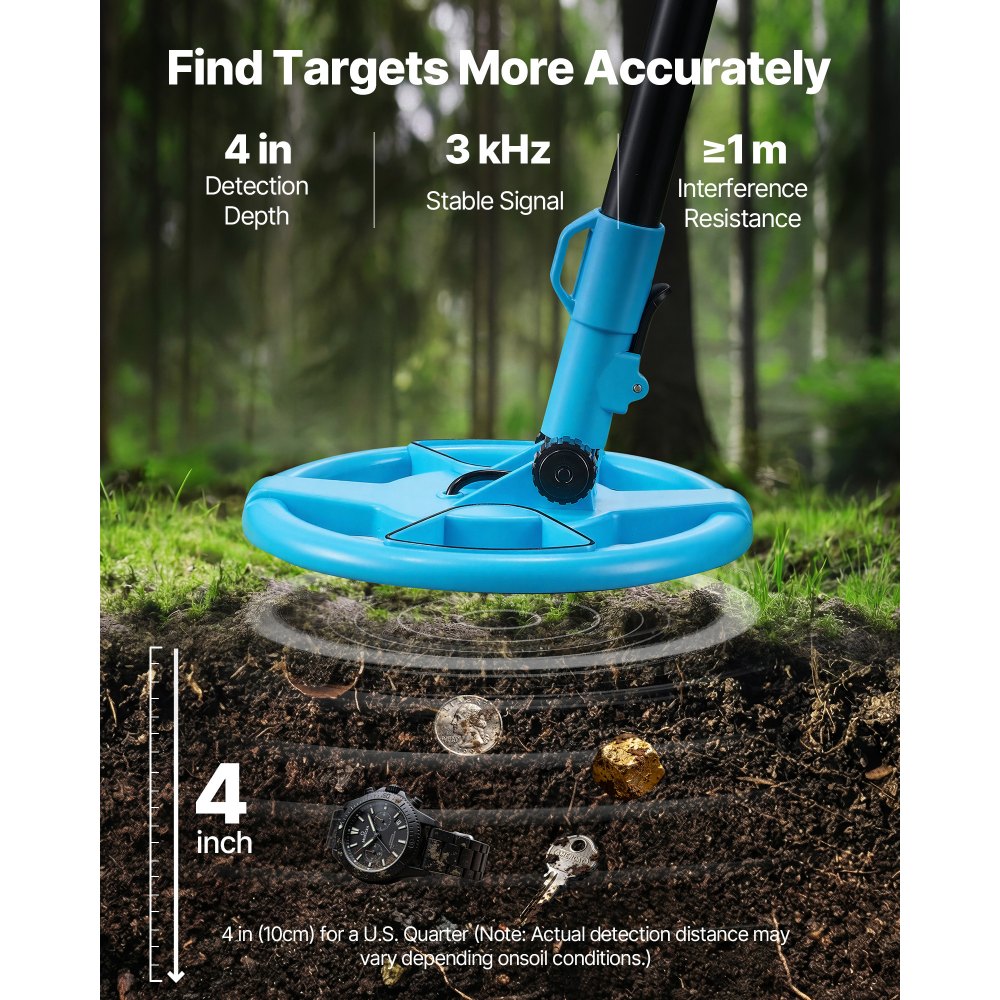 VEVOR Metal Detector, 101.6 mm, Lightweight Metal Detector with LCD Display, 152.4 mm IP68 Waterproof Search Coil, Adjustable 650-930 mm Gold Detector, Easy to Use, for Detecting Gold Exploration
