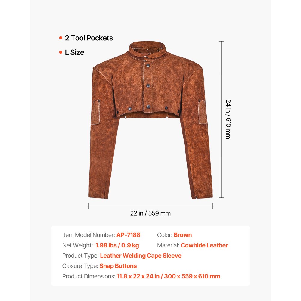 VEVOR Mantella da Saldatura in Pelle, Mantella da Lavoro per Saldatura Resistente alle Fiamme al Calore, Mantella Protettiva per Fabbro, Falegnameria, Giardinaggio, Taglia L