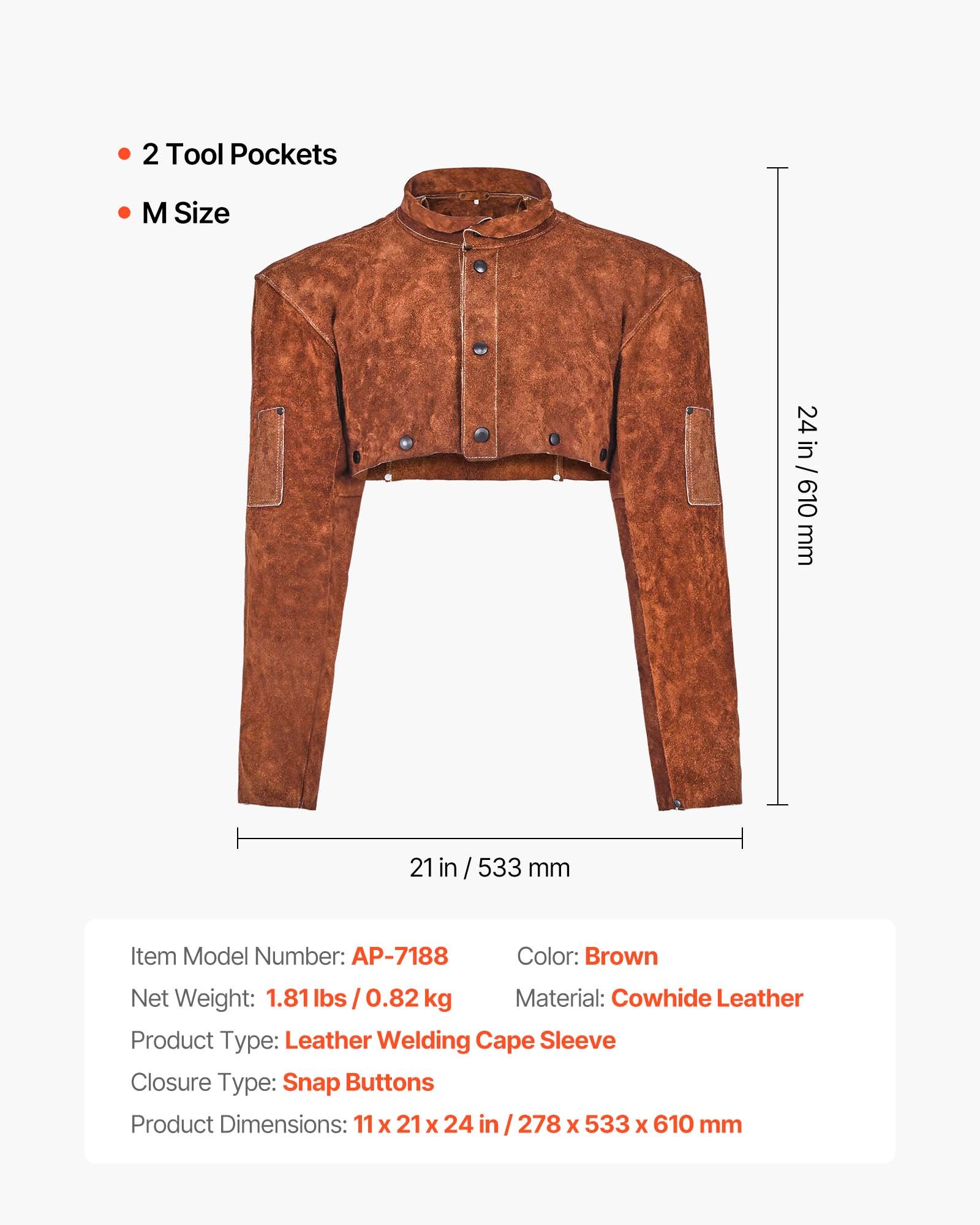 VEVOR Mantella da Saldatura in Pelle, Mantella da Lavoro per Saldatura Resistente alle Fiamme al Calore, Mantella Protettiva per Fabbro, Falegnameria, Giardinaggio, Taglia M