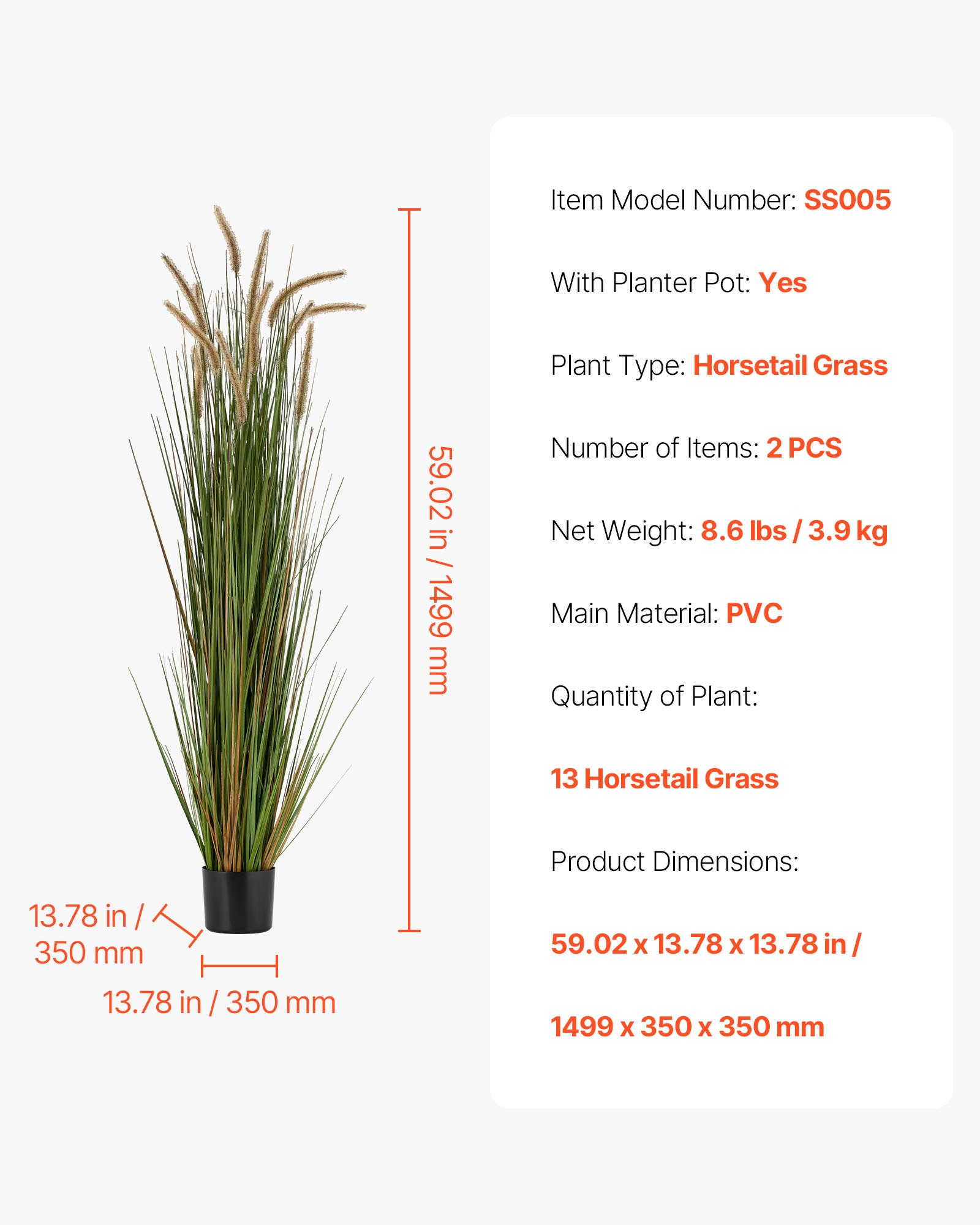 VEVOR Artificial Grass Plant, 2 Pack 1499mm Horsetail Reed Grass in Pot, Premium PVC Faux Fake Greenery Shrubs Plant for Indoor Outdoor House Home Garden Office Room Décor, Housewarming, Green