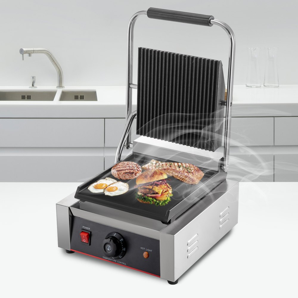 VEVOR 220V Piastra per Barbecue, Sandwich Elettrica 1800W, Piastra di Cottura Testa Singola in Acciaio Inox, Piastre Grill Commerciale Con Piastra Ondulata e Piana da 50 a 300 ℃