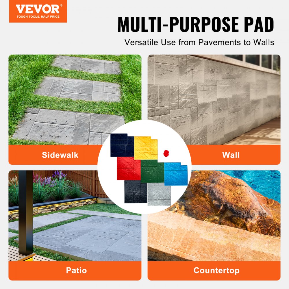 VEVOR Concrete Stamp Mat, 61 x 61 cm, 7 Pieces, Concrete Texture Skin, Polyurethane Stamp, Stone Tile Texture Mat, Slate Floor Imprint, Seamless Stamp, Concrete Molds for Decorative Outdoors, Multicolor
