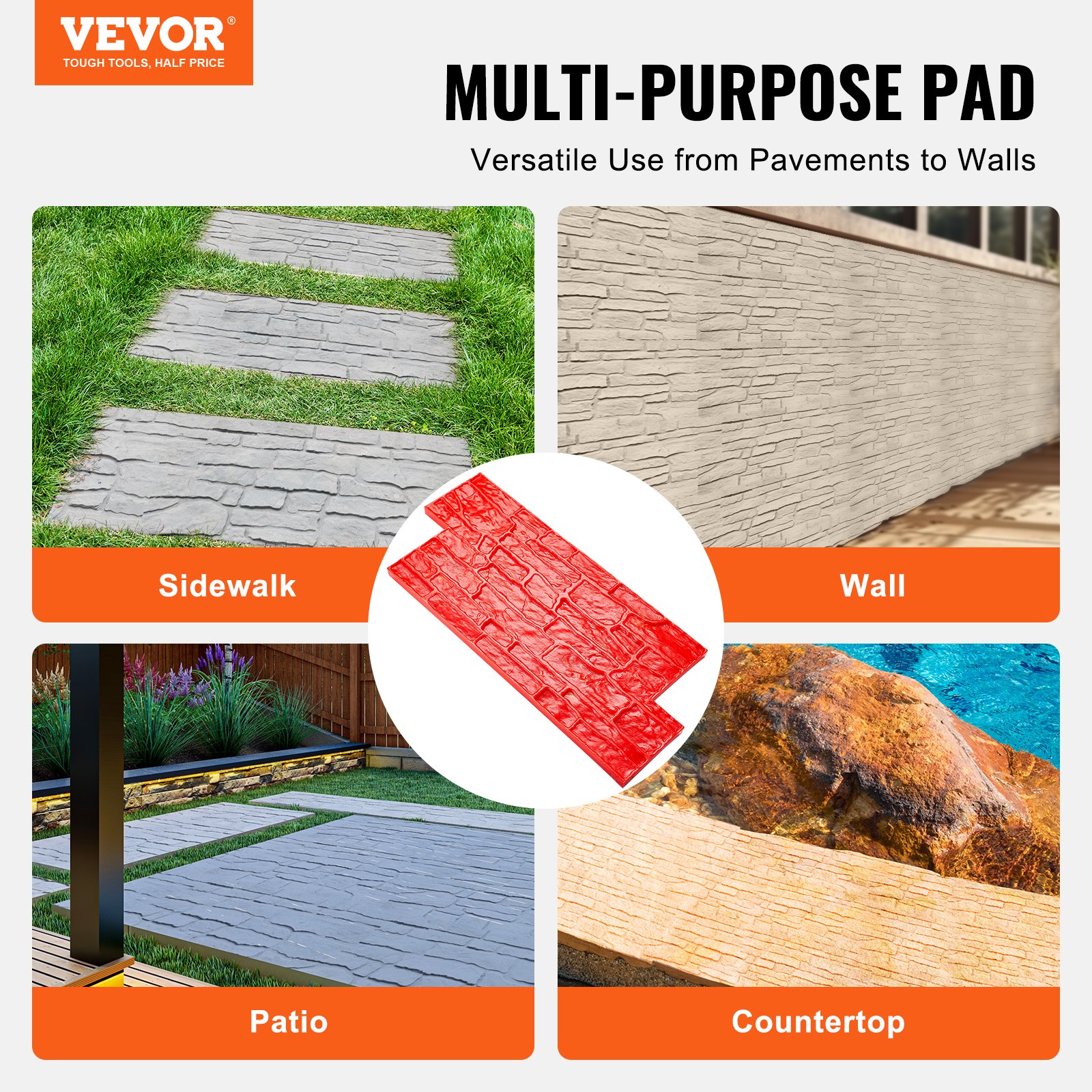 VEVOR Concrete Stamping Mat, 71 x 30 x 1.5 cm, Concrete Textured Skin, Polyurethane Stamp, Stone Tile Textured Mat, Slate Floor Imprint, Seamless Stamp, Concrete Molds for Decorative Outdoor Use, Red