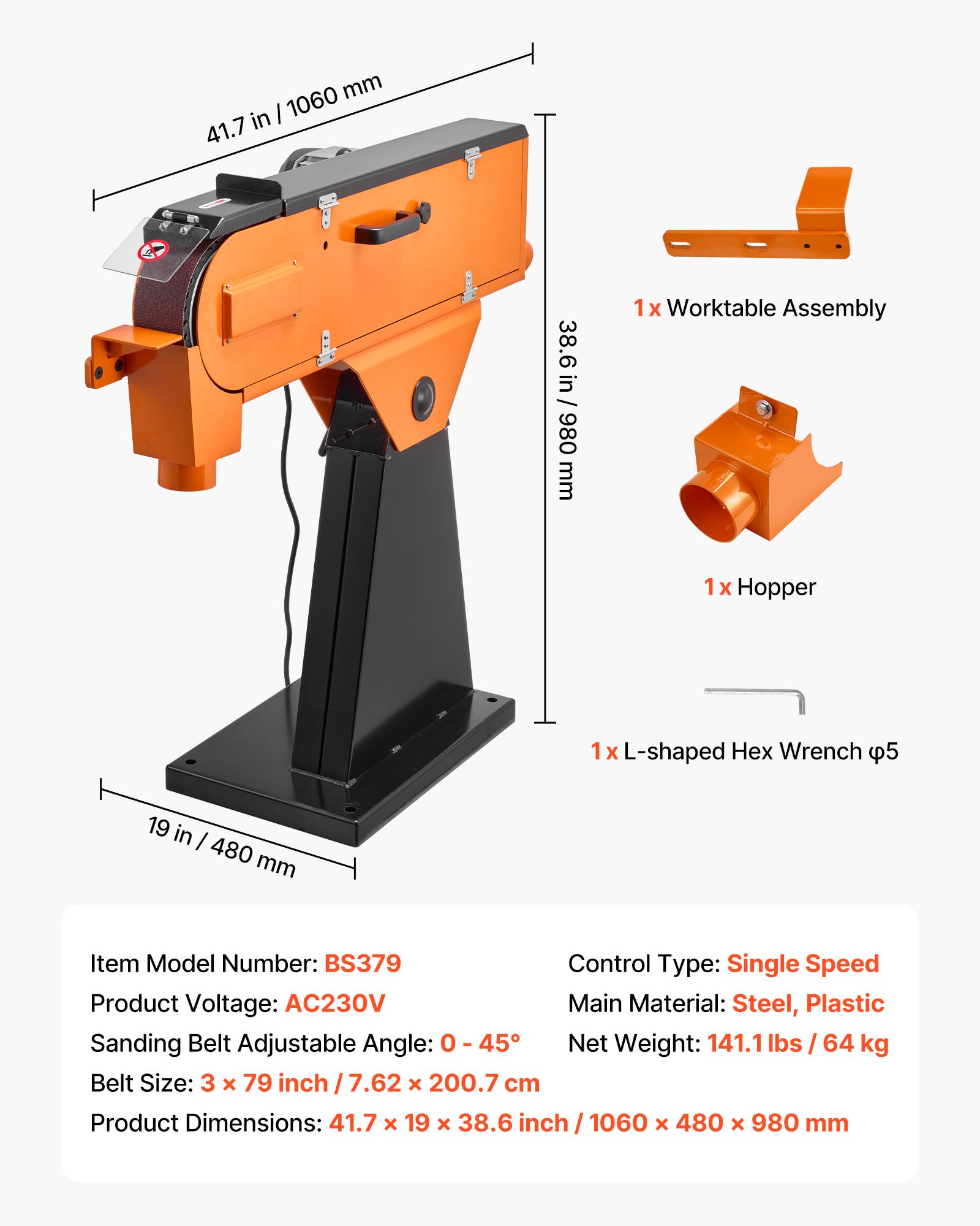 VEVOR Levigatrice a Nastro da 7,62 x 200,7 cm di Livello Industriale da 2100 W con Angolo Regolabile da 0° a 45° e Porta di Raccolta della Polvere per la Lavorazione Professionale del Legno