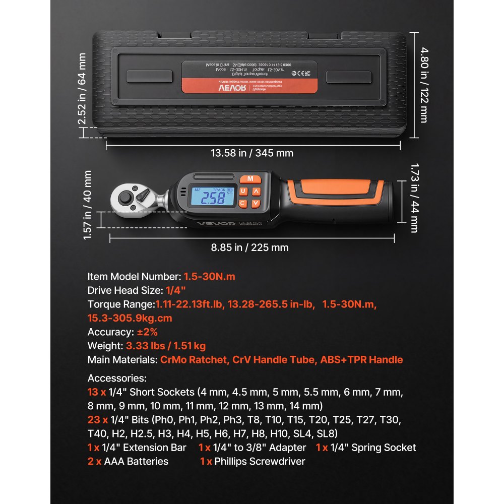 VEVOR Set di Chiavi Dinamometriche Digitali da 1/4"con 42 Pezzi, Cacciaviti Dinamometriche 4 Unità, Schermo LCD con Cicalino e Indicatore LED, con Bussole Inserti Prolunga e Adattatore, per Macchine