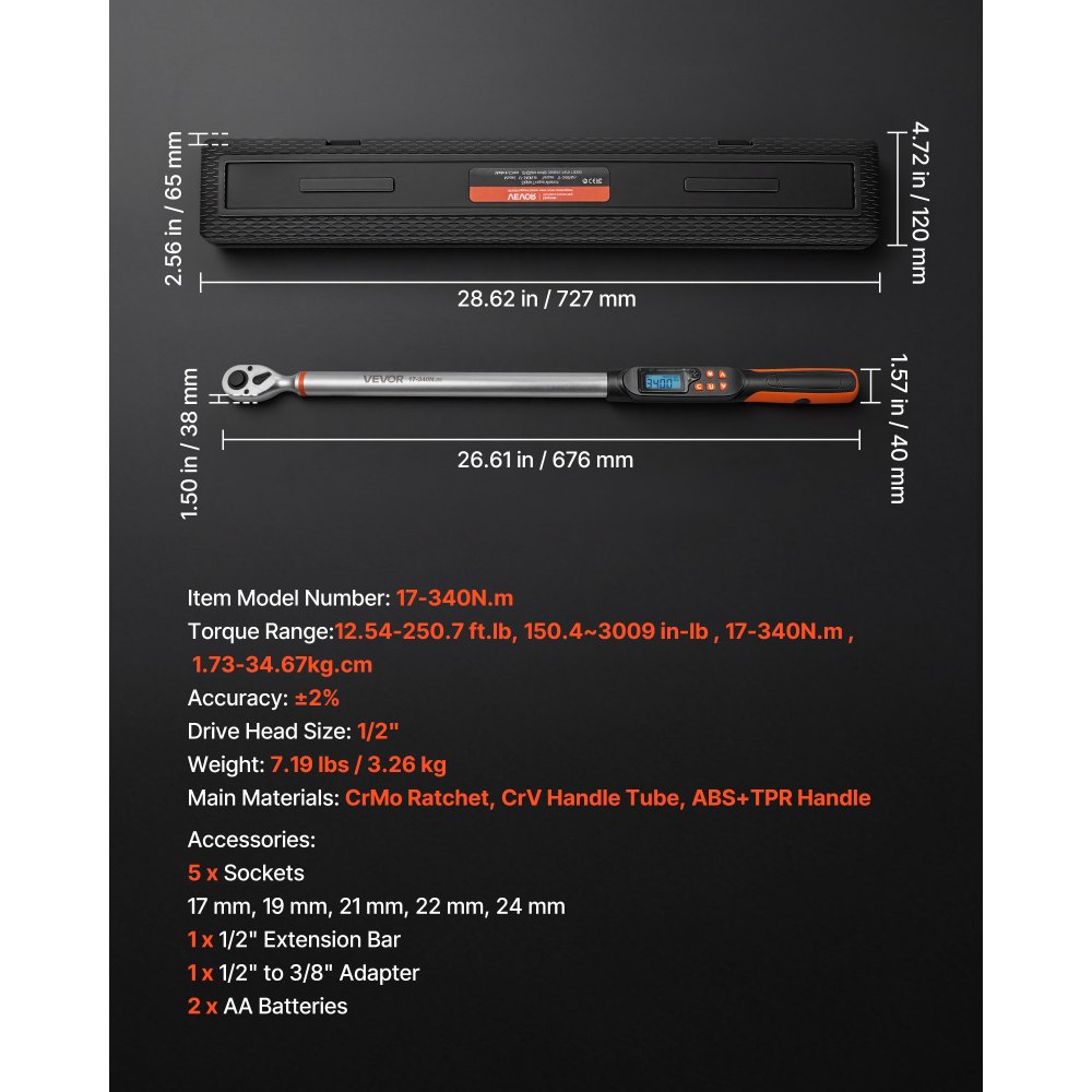 VEVOR Set Chiavi Dinamometriche Digitali con Attacco da 1/2", Cacciavite Dinamometrica con 4 Unità Visualizzazione Schermo LCD Cicalino e Indicatore LED, con Bussole Prolunga e Adattatore, per Veicoli
