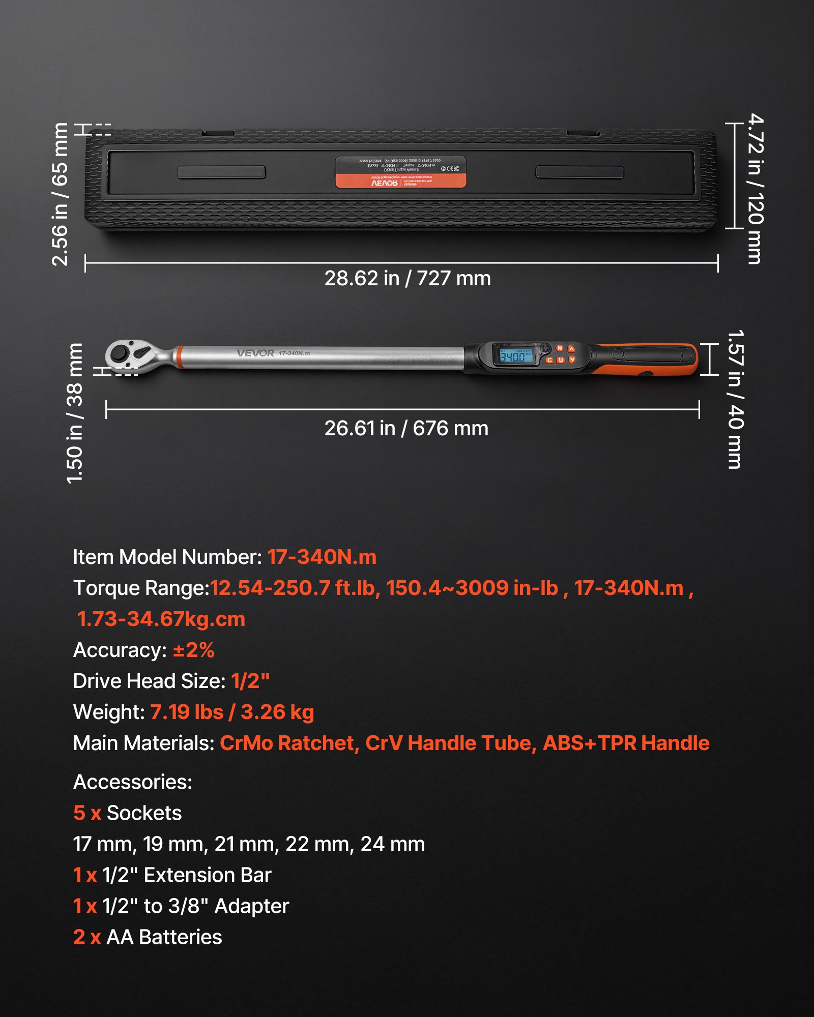 VEVOR Set Chiavi Dinamometriche Digitali con Attacco da 1/2", Cacciavite Dinamometrica con 4 Unità Visualizzazione Schermo LCD Cicalino e Indicatore LED, con Bussole Prolunga e Adattatore, per Veicoli