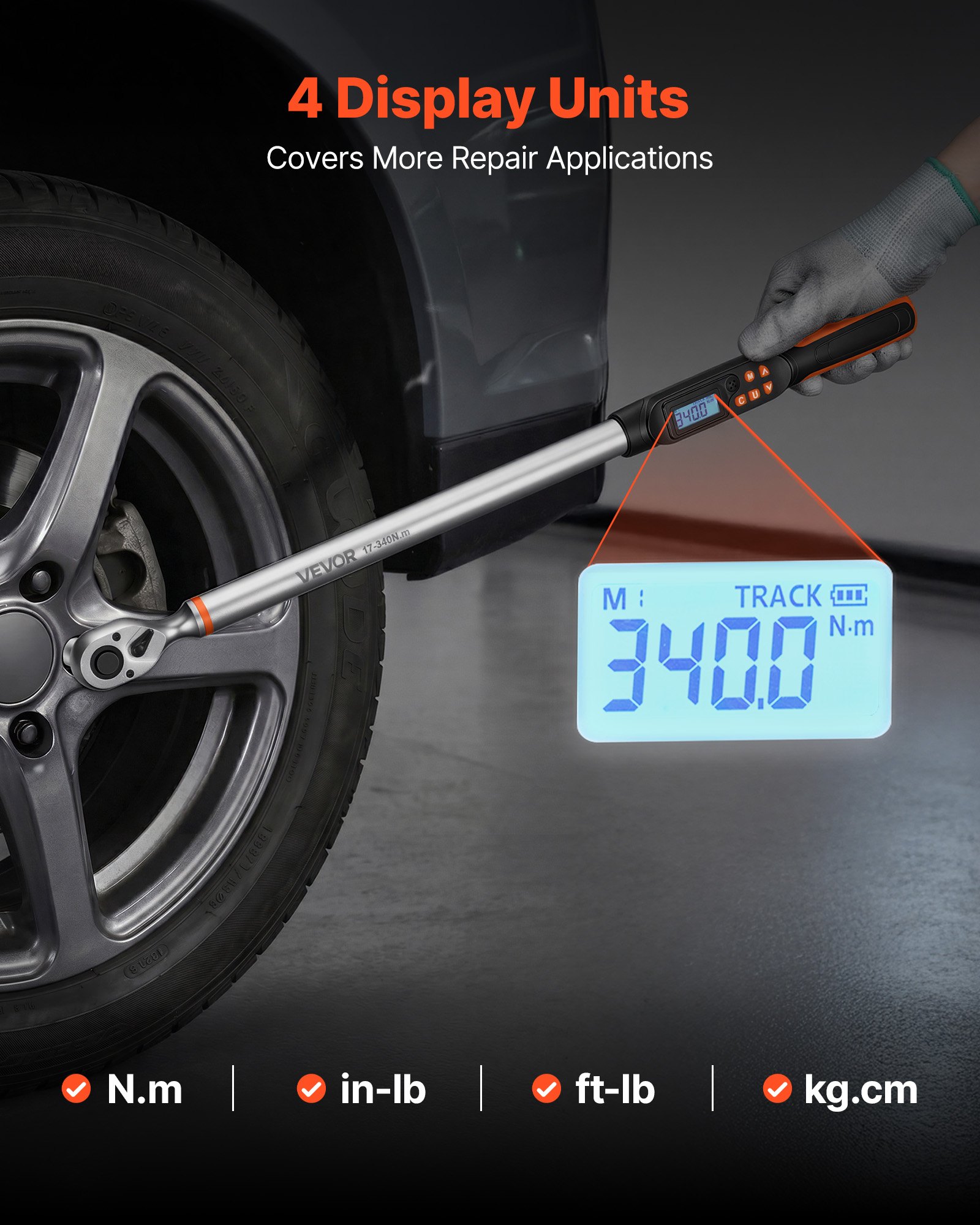 VEVOR Set Chiavi Dinamometriche Digitali con Attacco da 1/2", Cacciavite Dinamometrica con 4 Unità Visualizzazione Schermo LCD Cicalino e Indicatore LED, con Bussole Prolunga e Adattatore, per Veicoli